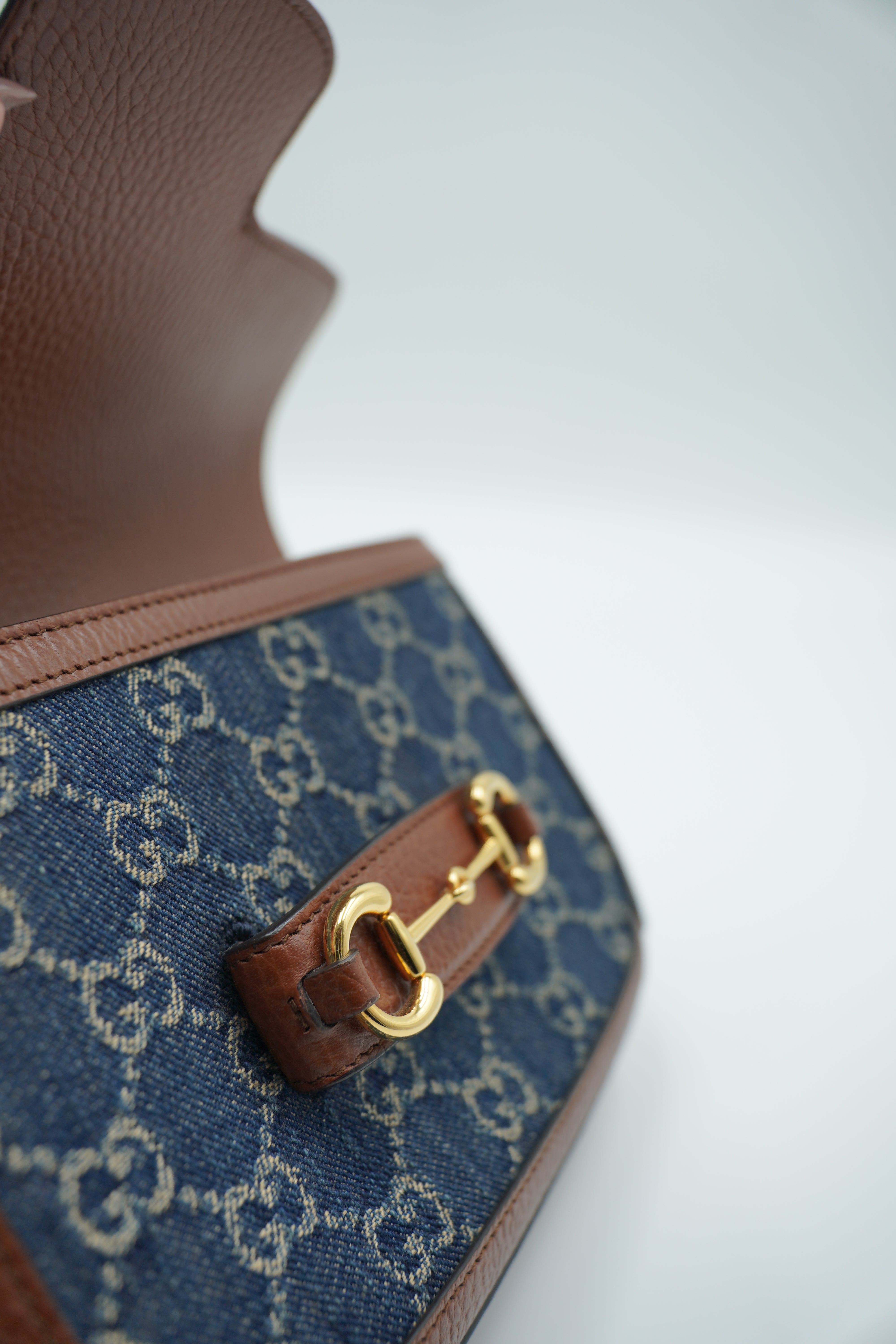 Gucci Borsa Horsebit 1955 Piccola In Denim E Pelle marrone