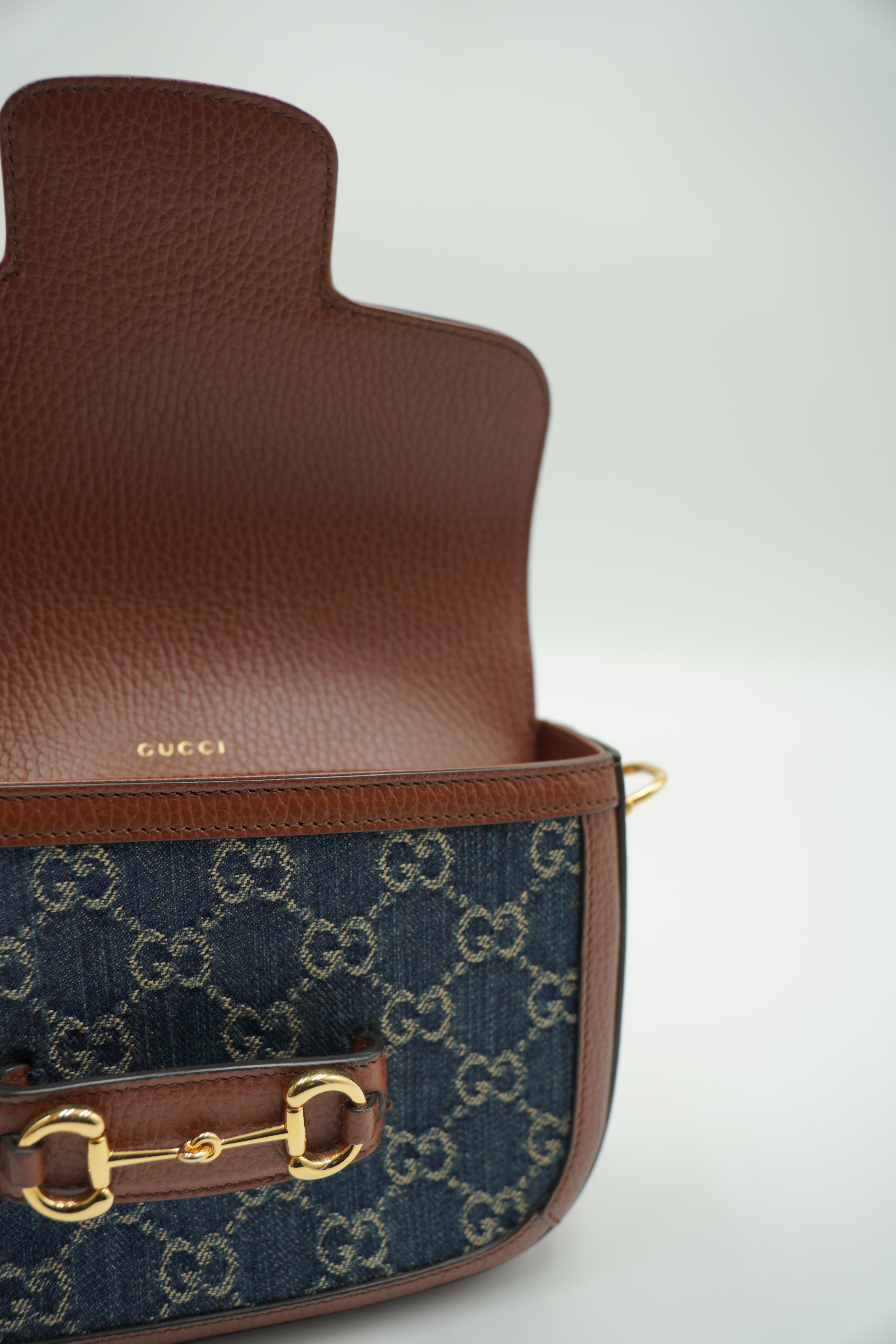 Gucci Borsa Horsebit 1955 Piccola In Denim E Pelle marrone