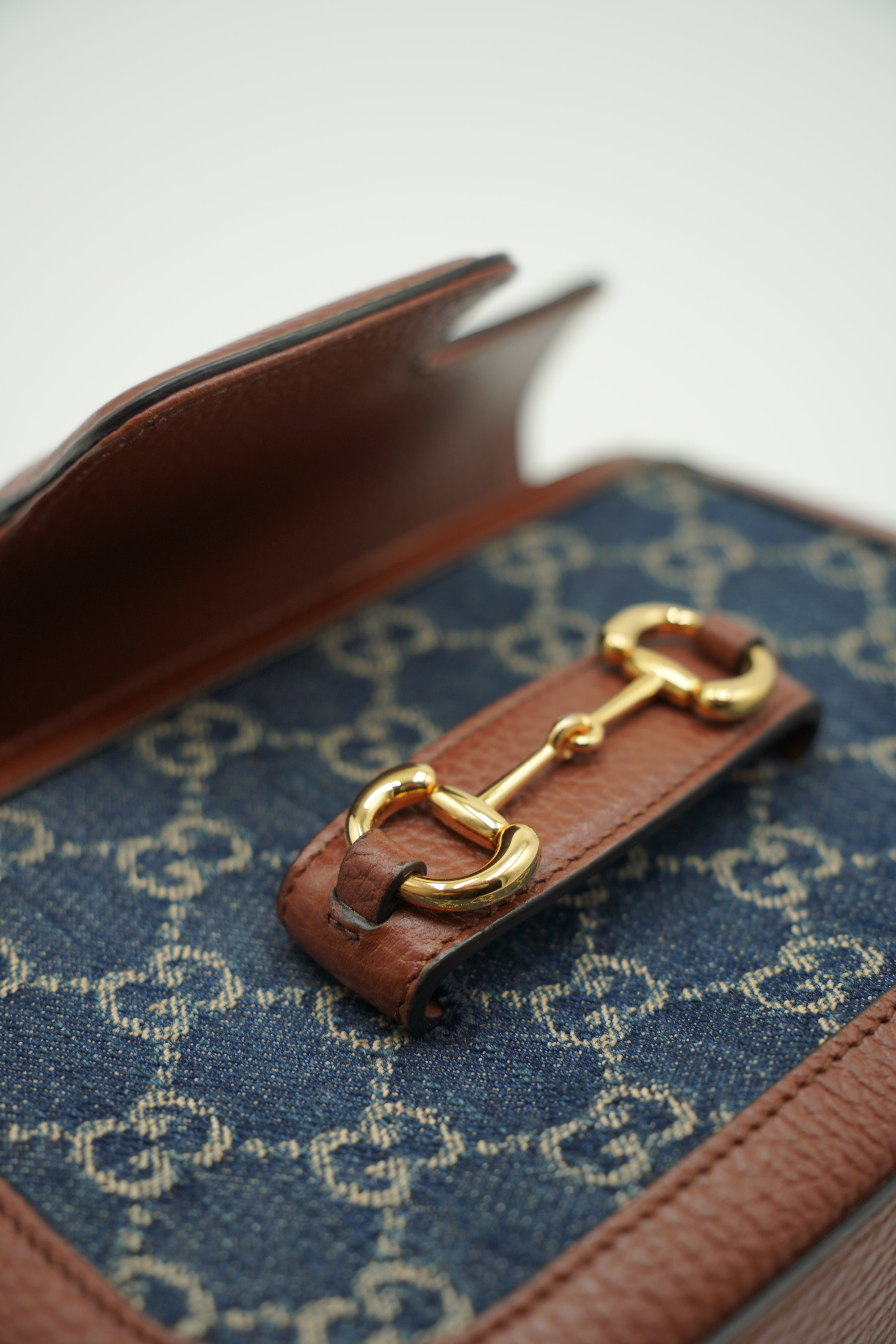 Gucci Borsa Horsebit 1955 Piccola In Denim E Pelle marrone