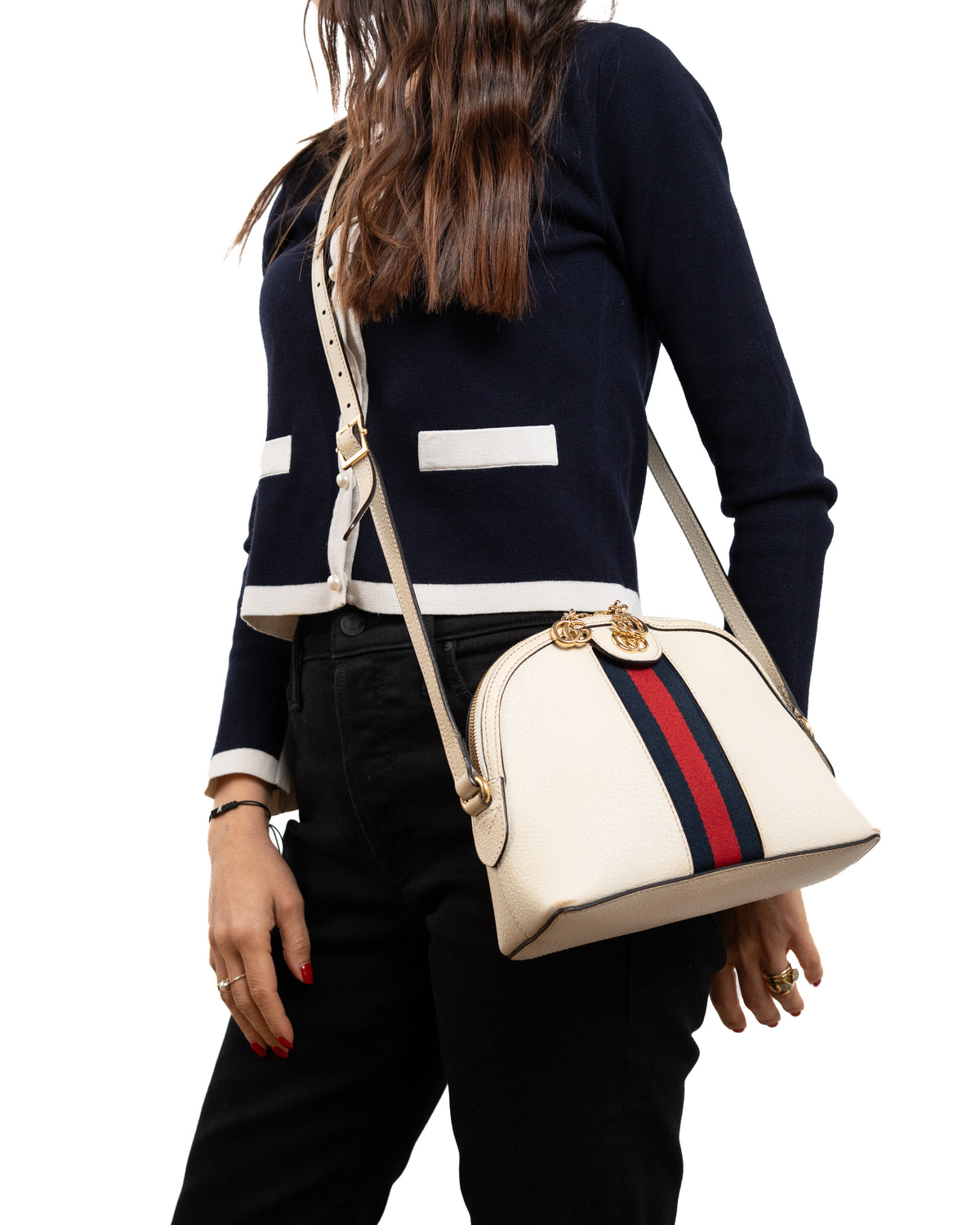 Gucci Sac Ophidia Small Cuir Blanc Toile bleue et rouge — Pre-owned Authentique