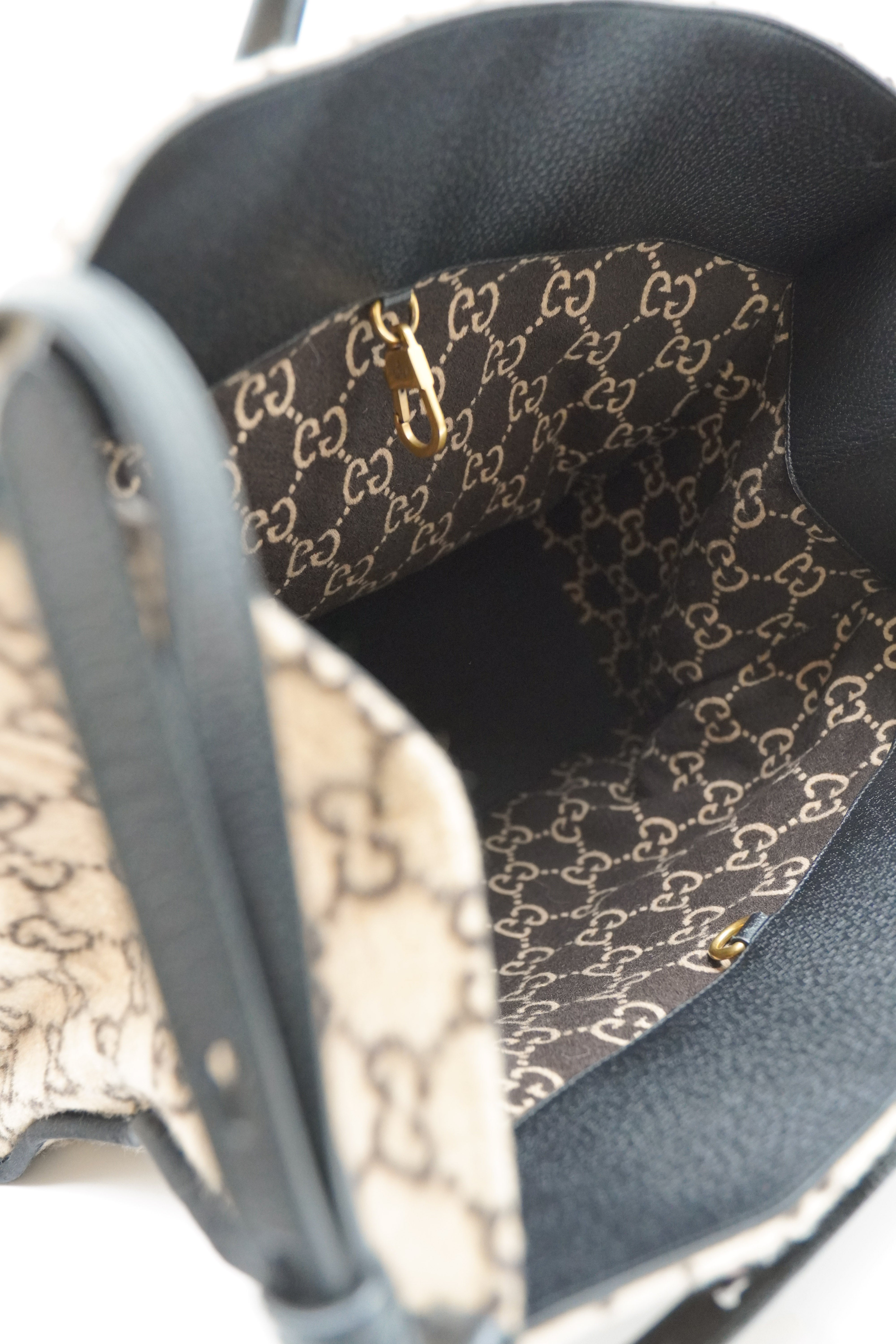 Gucci Borsa Shopping In Tessuto e Pelle Con Motivo GG Beige ed Ebano - Usato Autentico