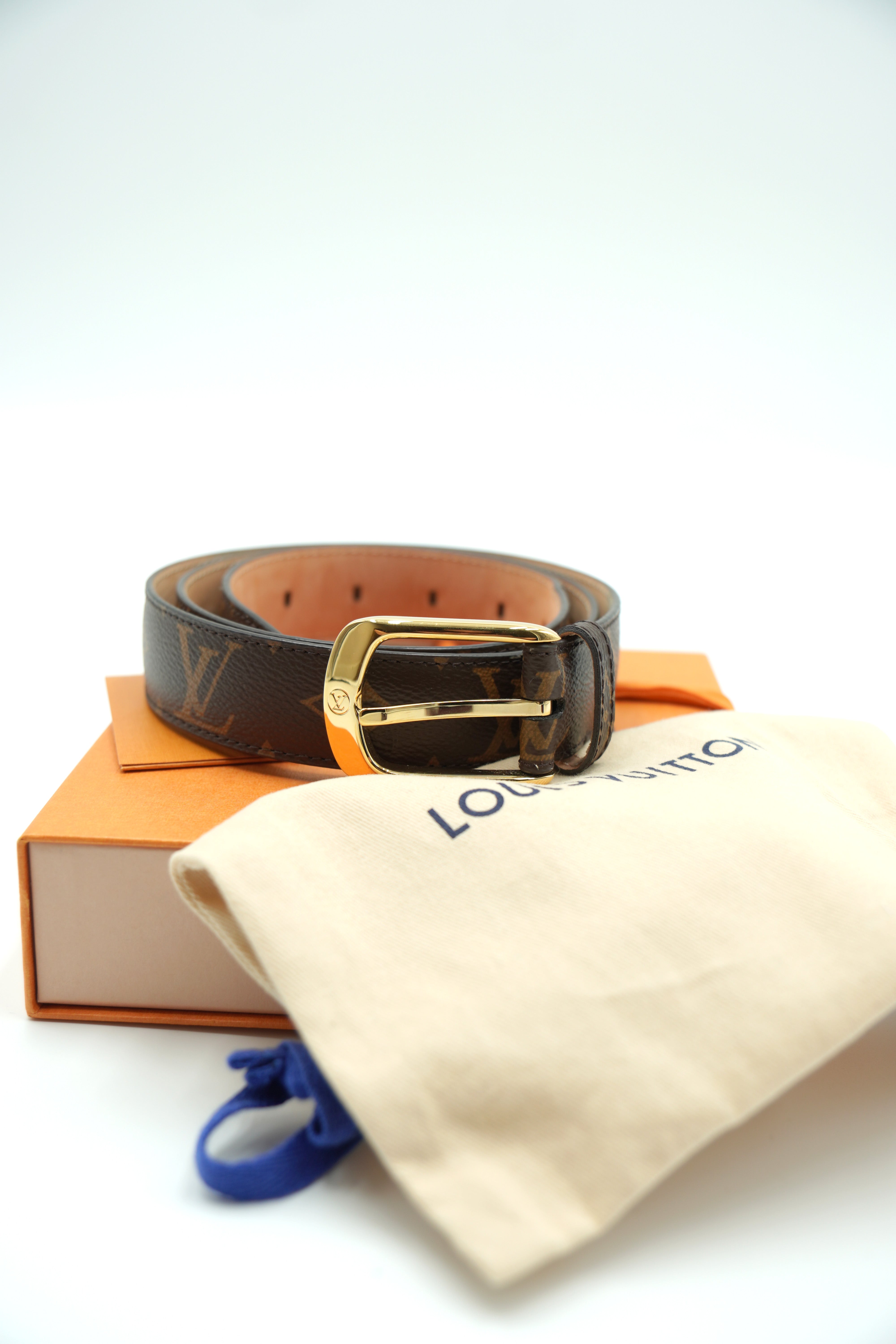 Louis Vuitton Monogram Belt with Gold Rectangular Buckle - Authentic Used