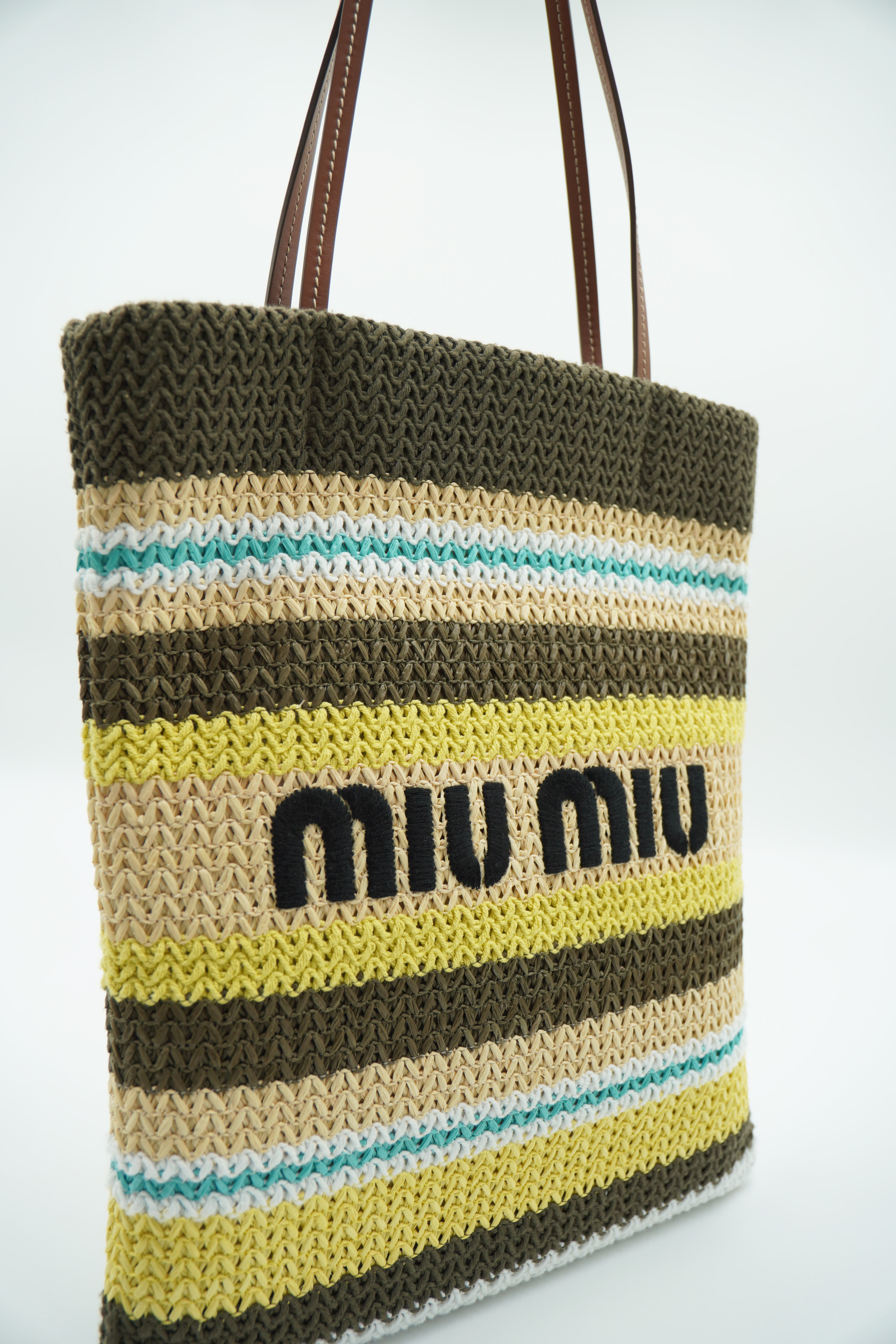 Miu Miu Raffia Effect Striped Tote Bag - Used Authentic