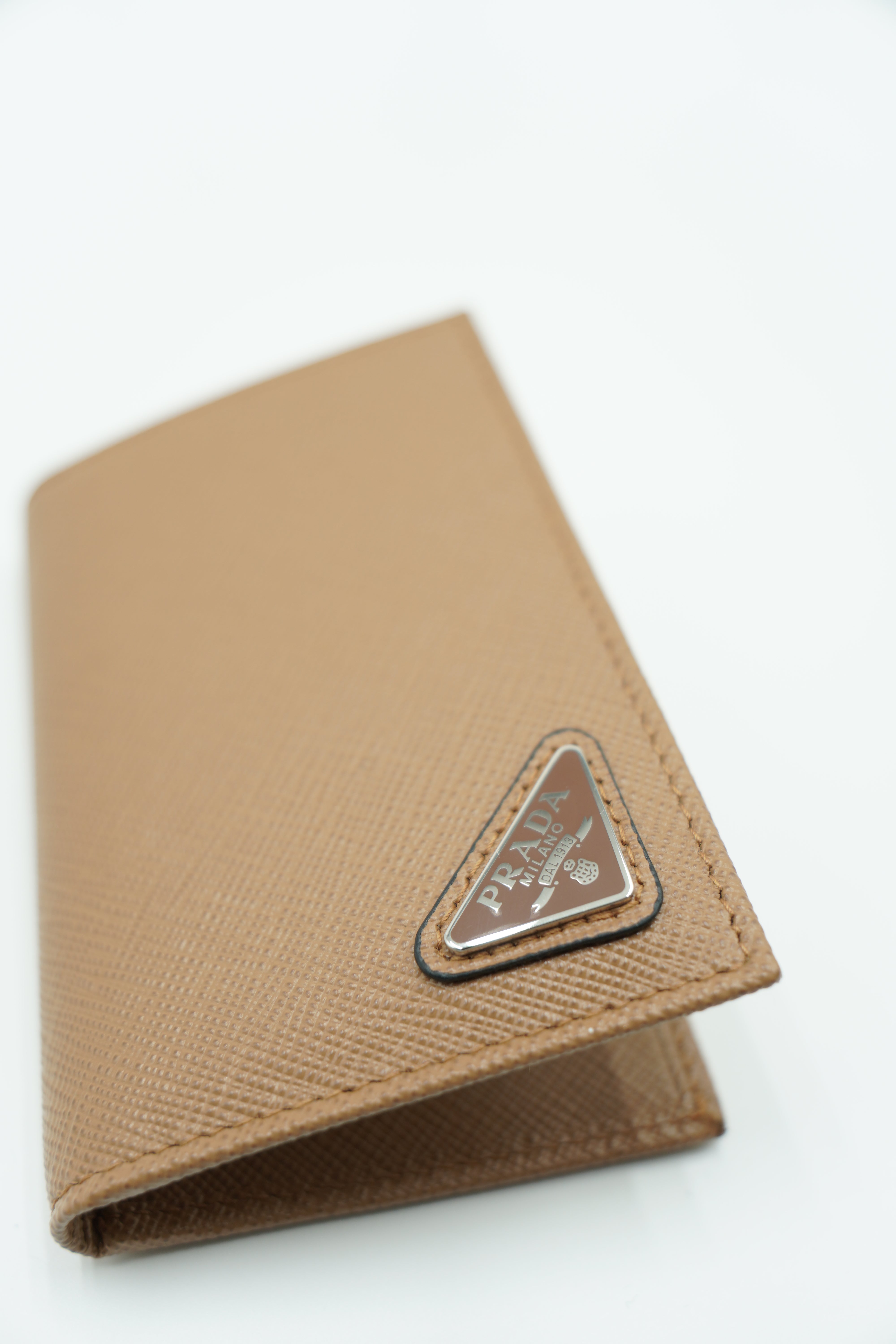 Prada Vertical Card Holder in Beige Saffiano Leather