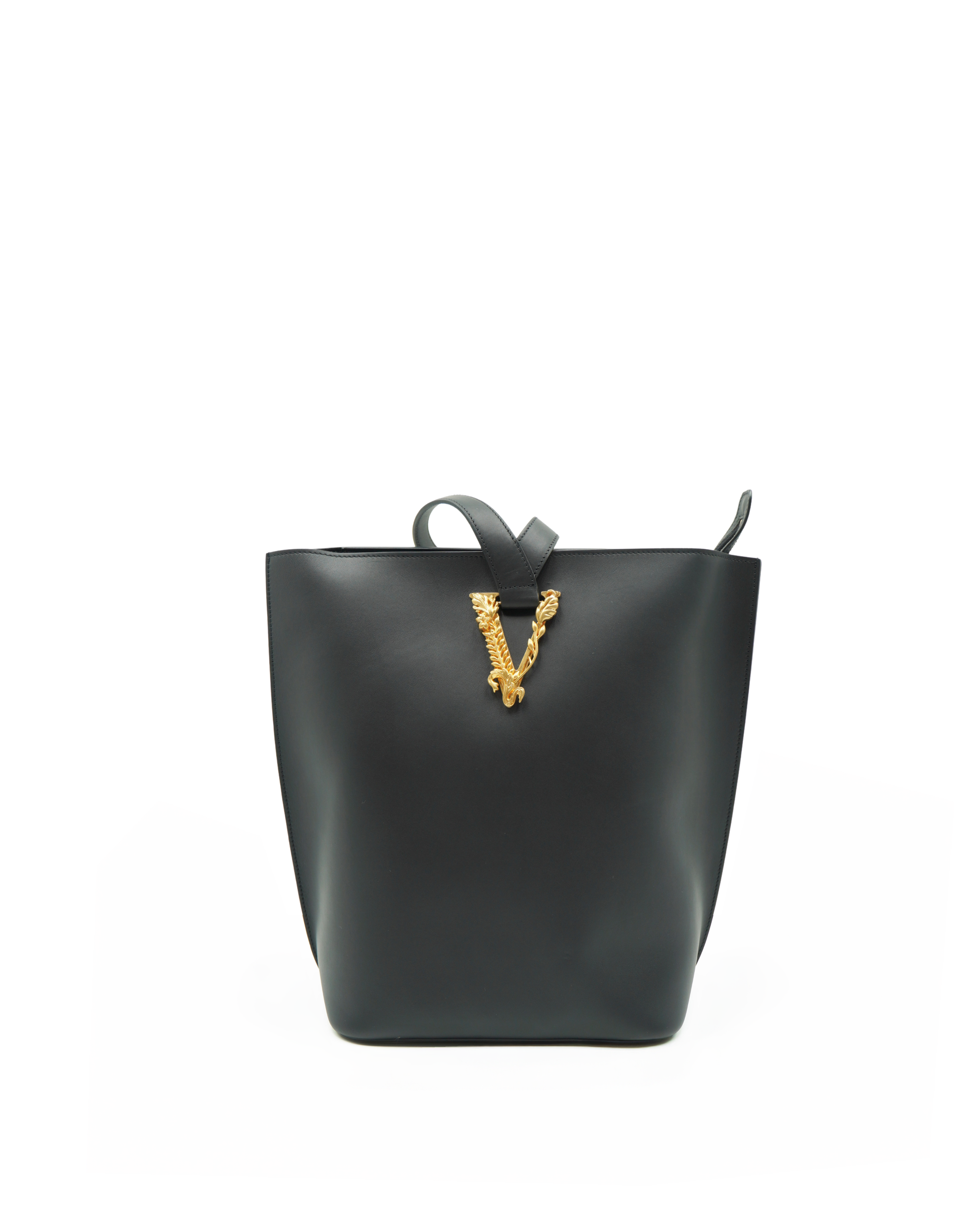 Versace Virtus Large Bucket Shopper Black Leather - Authentic Pre