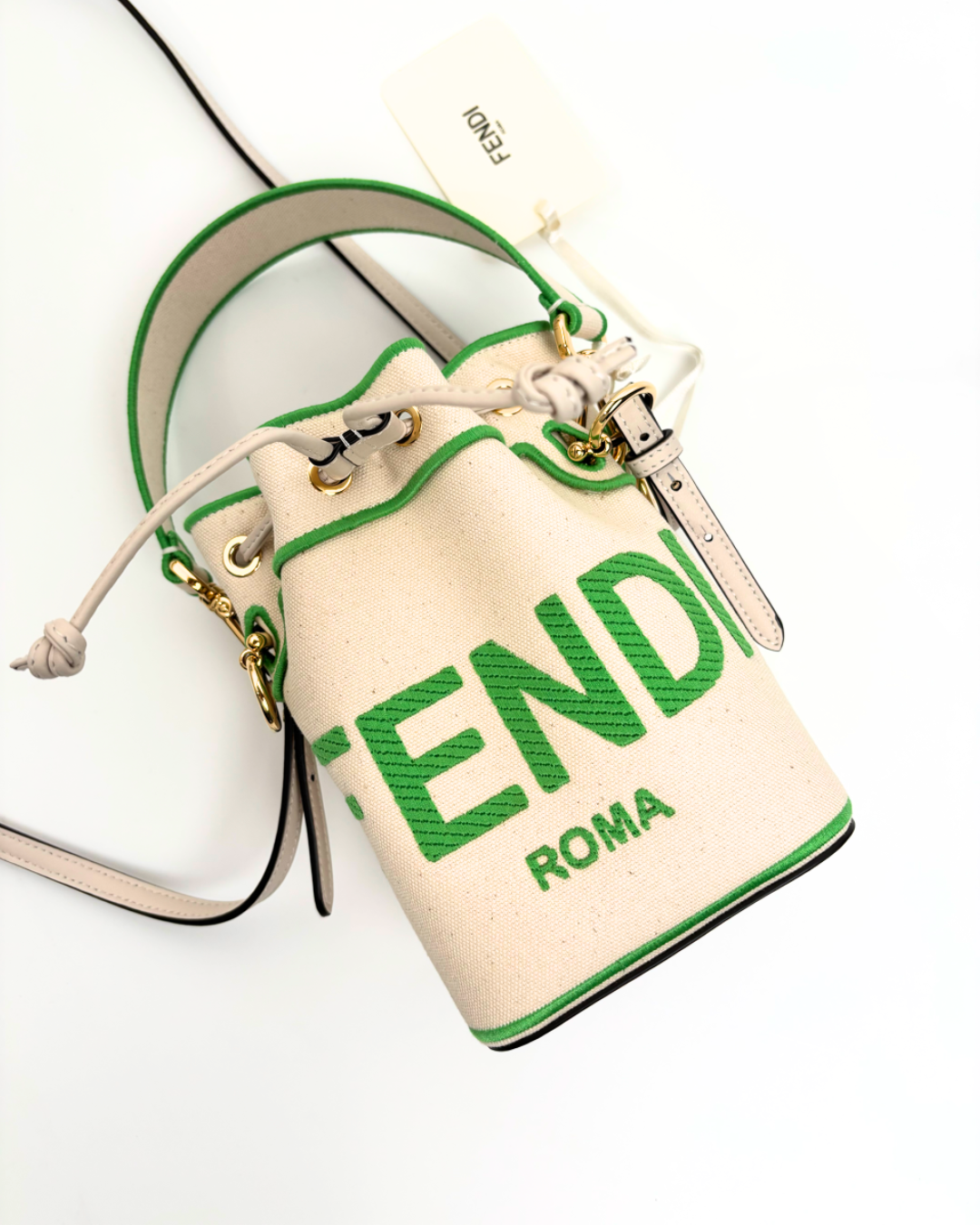 Fendi Borsa Secchiello Mon Tresor Mini Canvas Bianco Logo Verde usata autentica - Aurea Luxury Lab