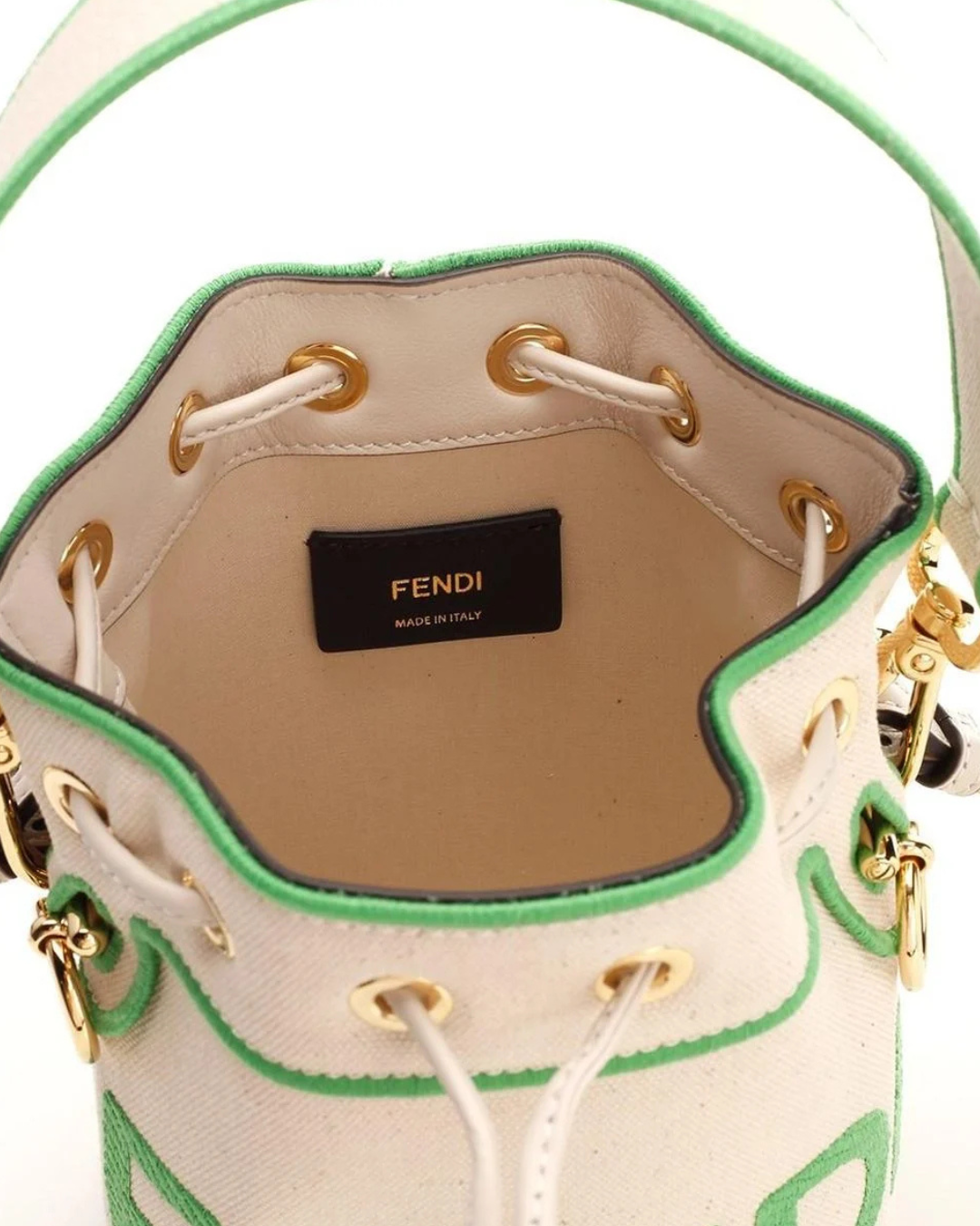 Fendi Borsa Secchiello Mon Tresor Mini Canvas Bianco Logo Verde pre-owned certificata - Aurea Luxury Lab