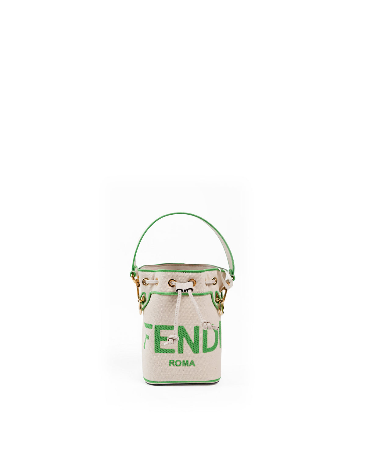 Fendi Borsa Secchiello Mon Tresor Mini Canvas Bianco Logo Verde usata autentica - Aurea Luxury Lab