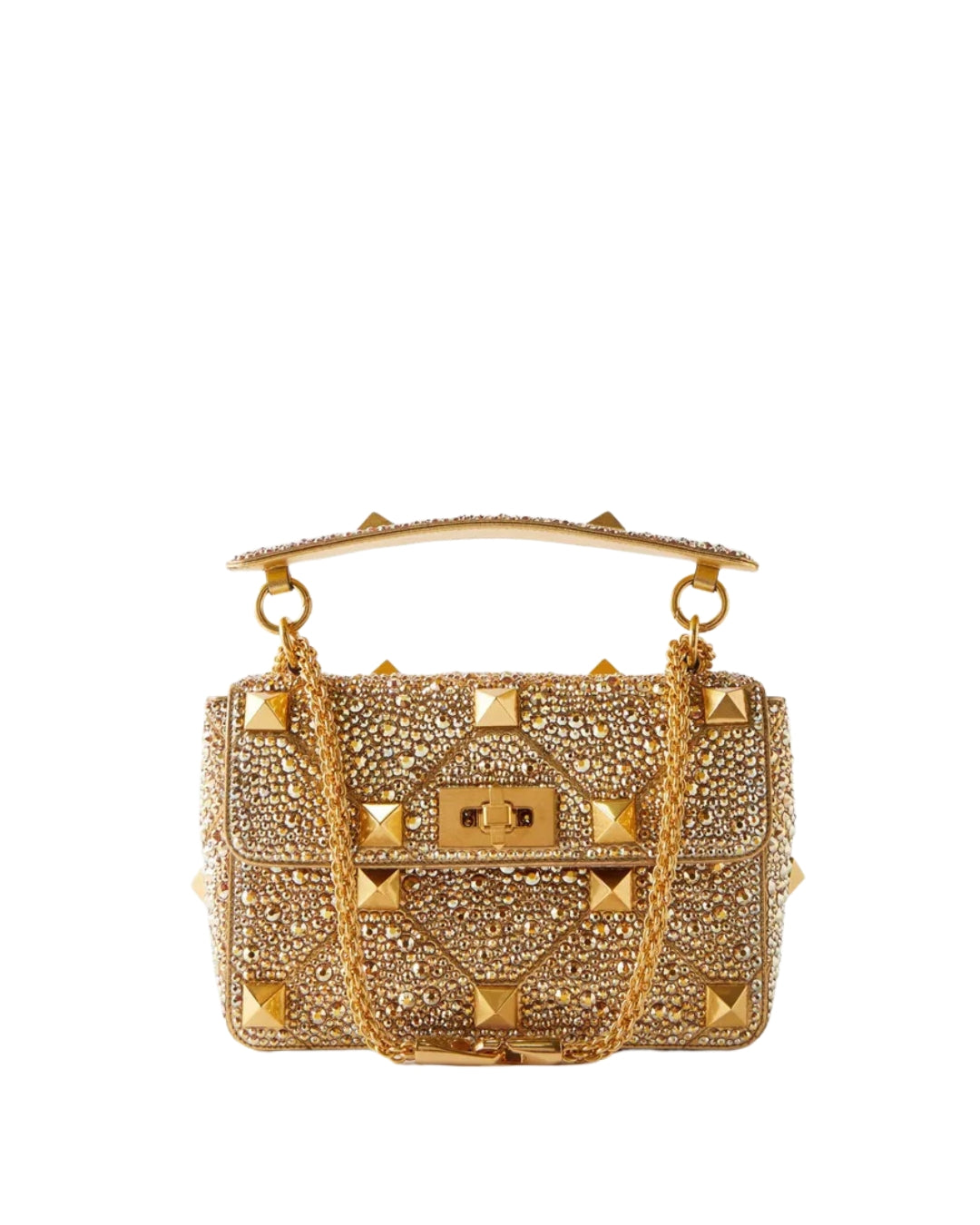 Valentino Garavani Borsa Roman Stud Media Cristalli Oro usata autentica - Aurea Luxury Lab