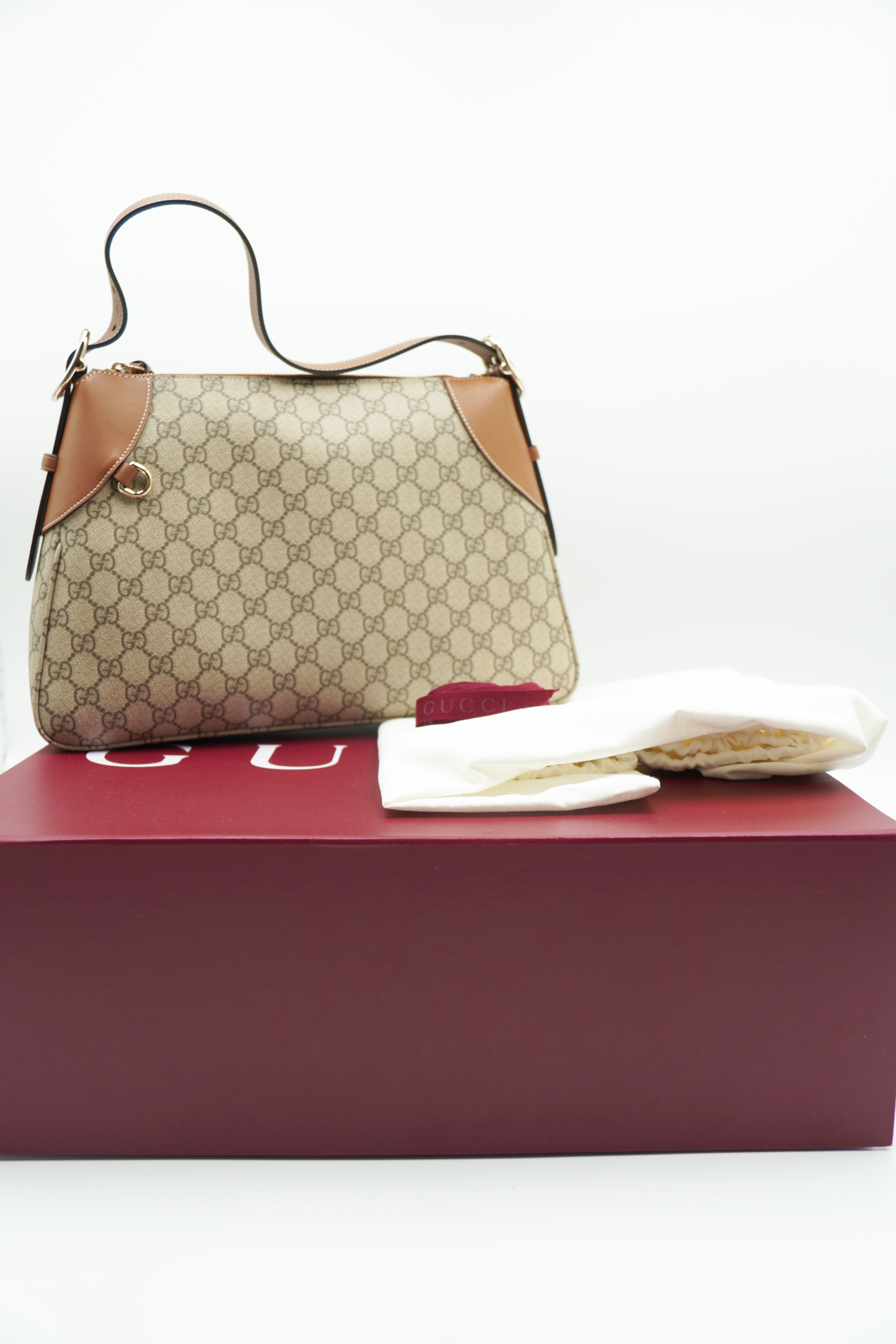 GG Supreme Monogram Emblem Medium Bag Beige - Authentic Used