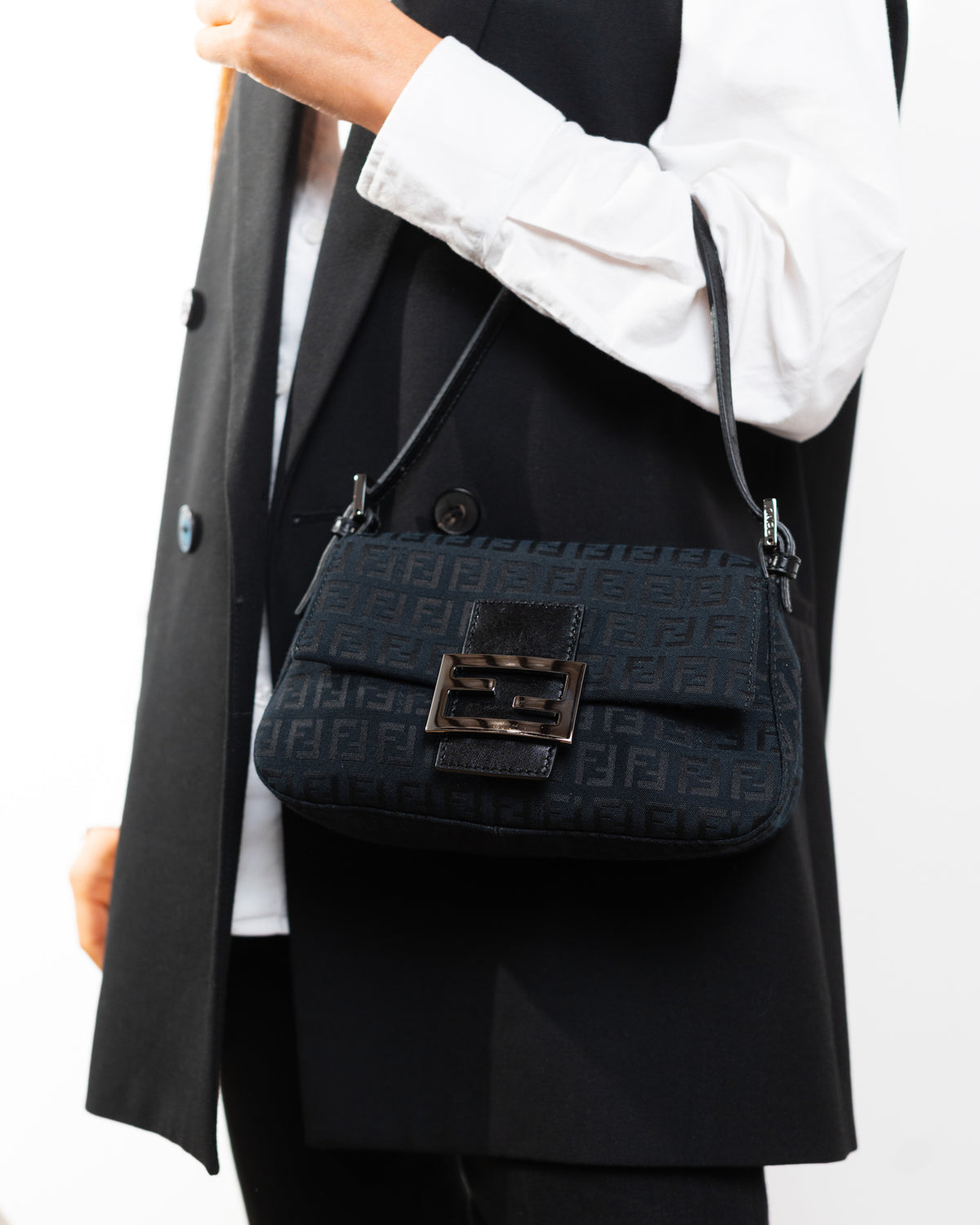 Fendi Borsa Mini Mamma Baguette Tela Zucchino Nera — Pre-owned Autentica
