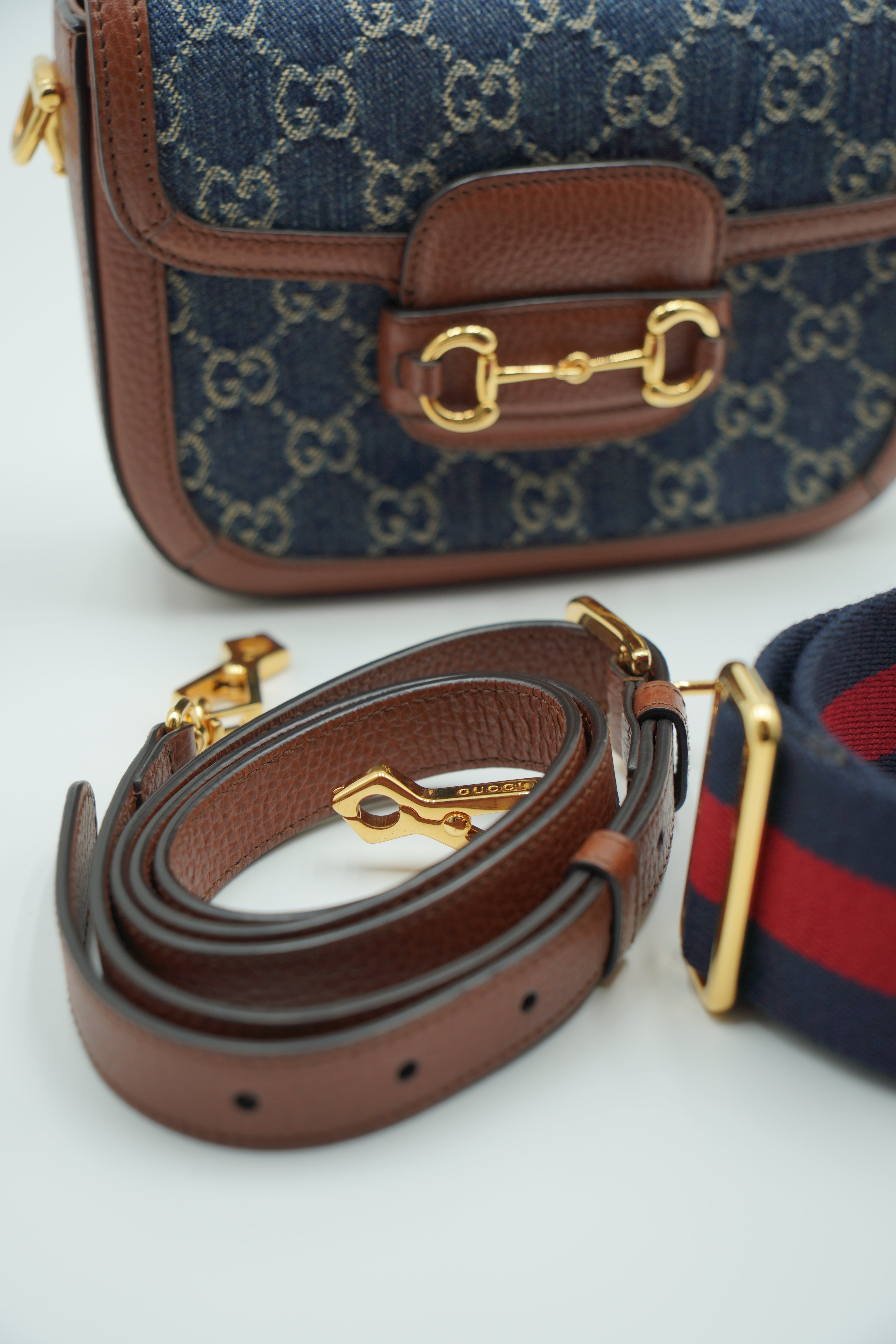 Gucci Borsa Horsebit 1955 Piccola In Denim E Pelle marrone