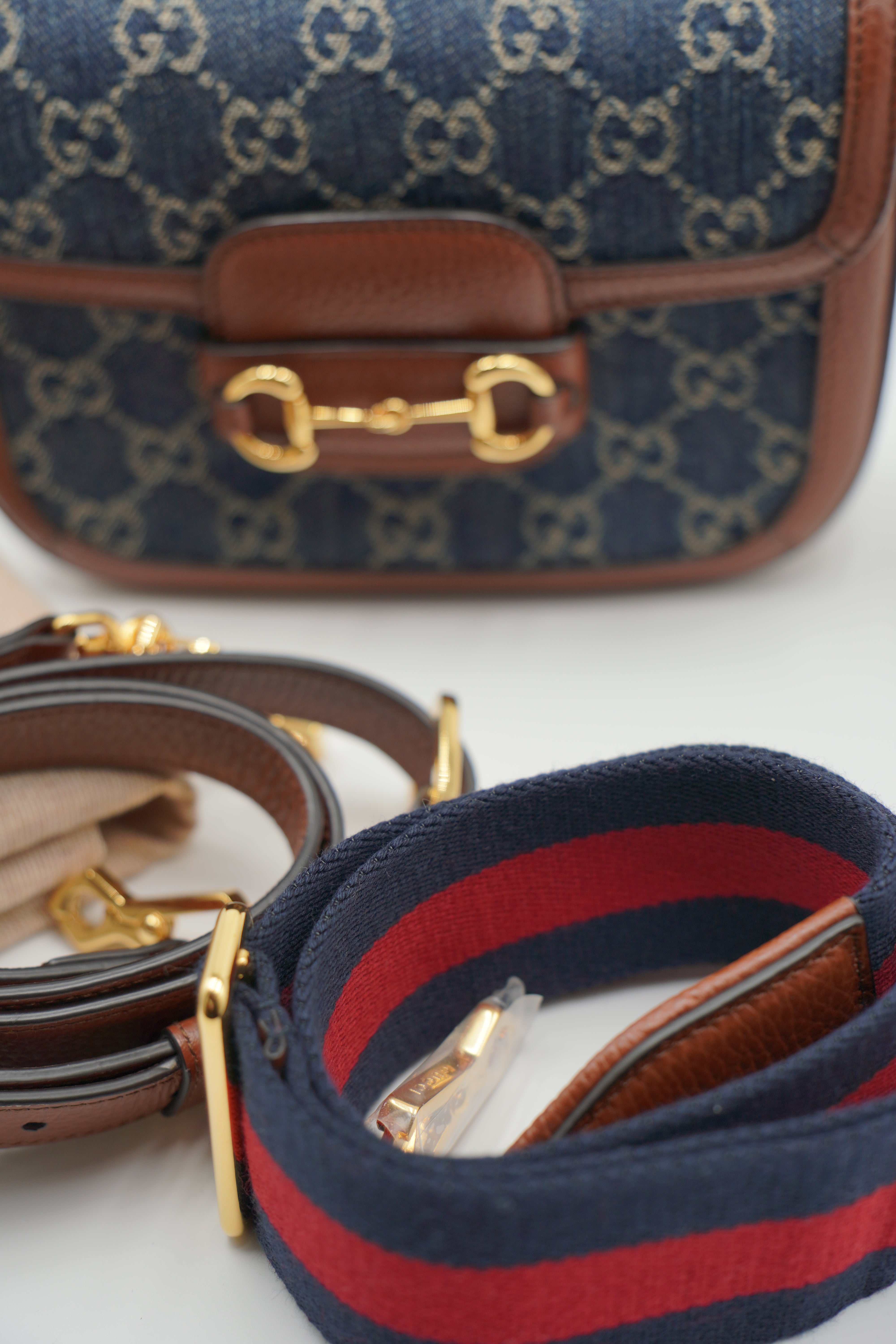 Gucci Borsa Horsebit 1955 Piccola In Denim E Pelle marrone