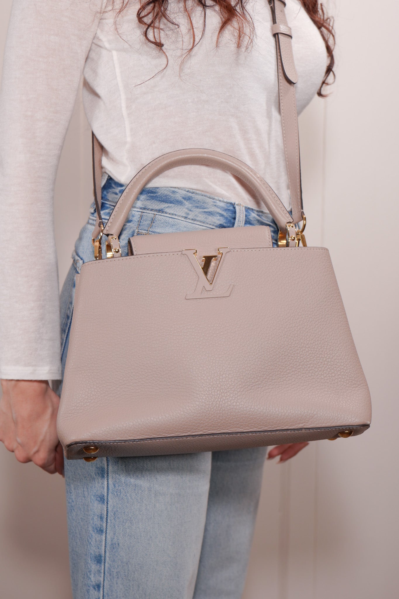 Louis Vuitton Borsa Capucines BB Pelle Galet Beige Usata luxury resale autentica - Aurea Luxury Lab