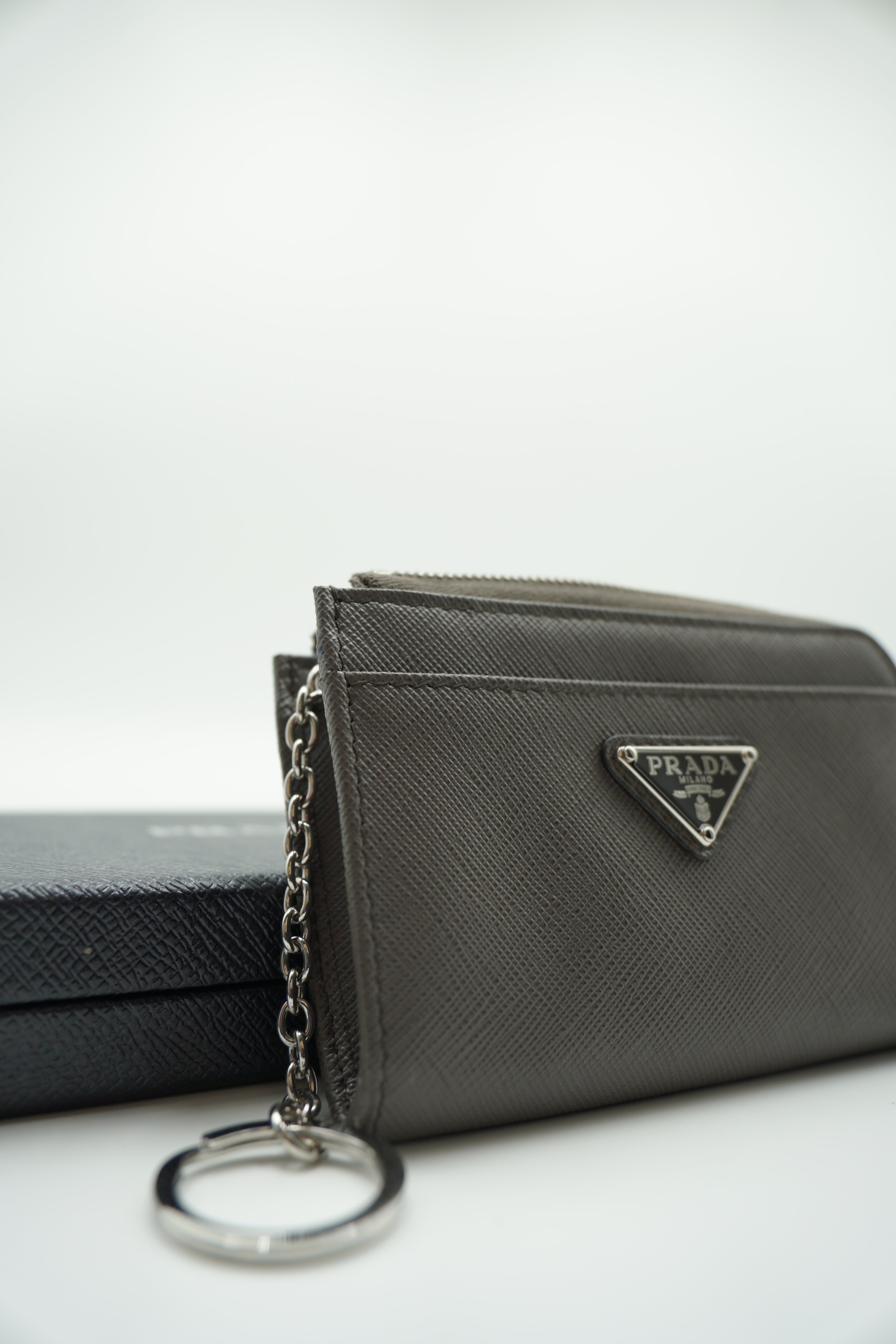 Prada Wallet with Key Ring in Grey Saffiano Leather