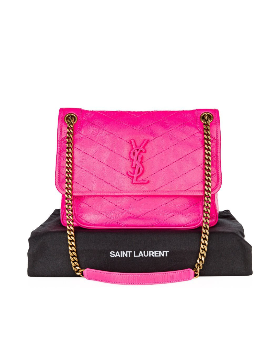 Saint Laurent Borsa Niki Medium Pelle Crinkle Rosa Neon — Pre-owned Autentica