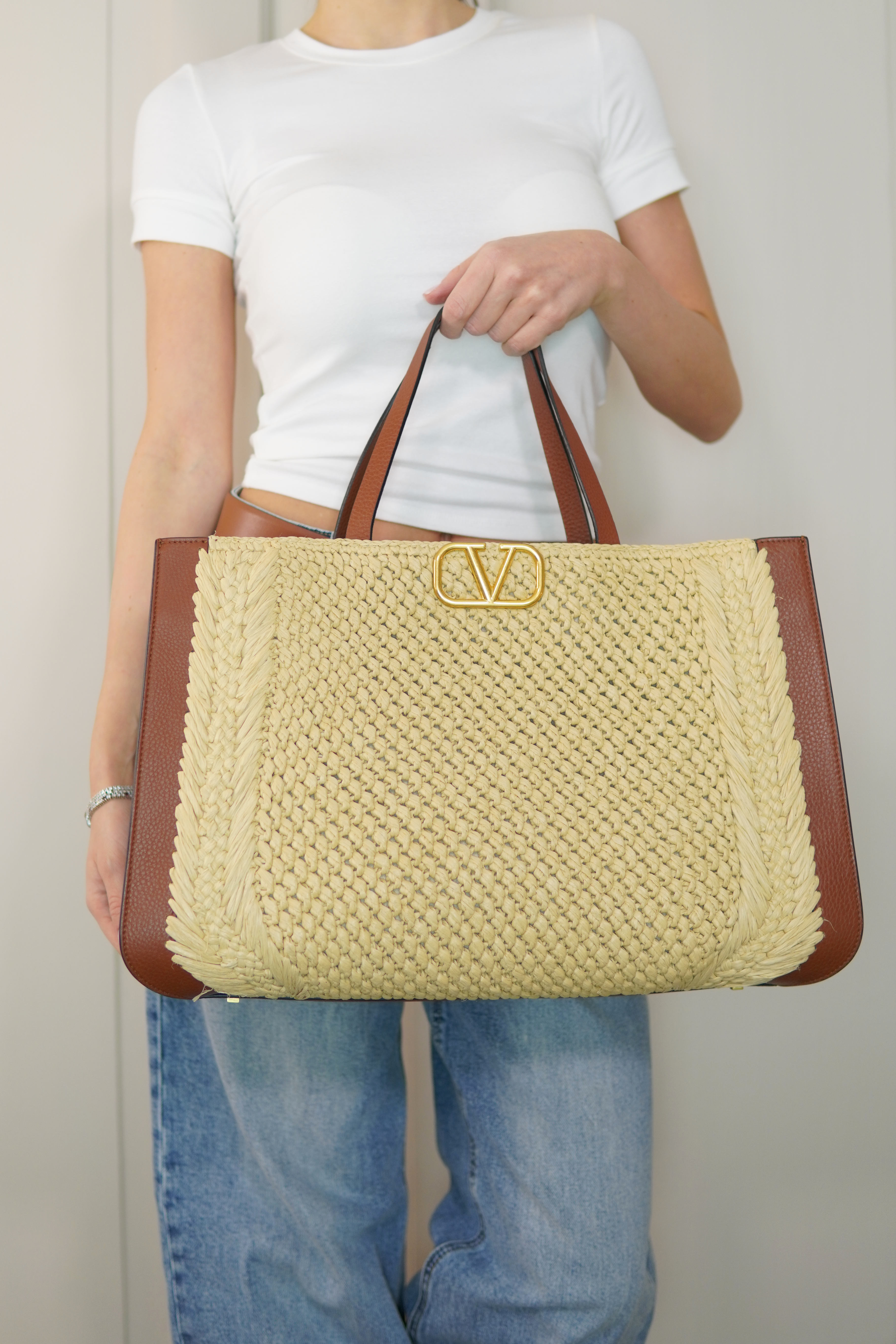 Valentino Raffia Shopping Bag V Logo