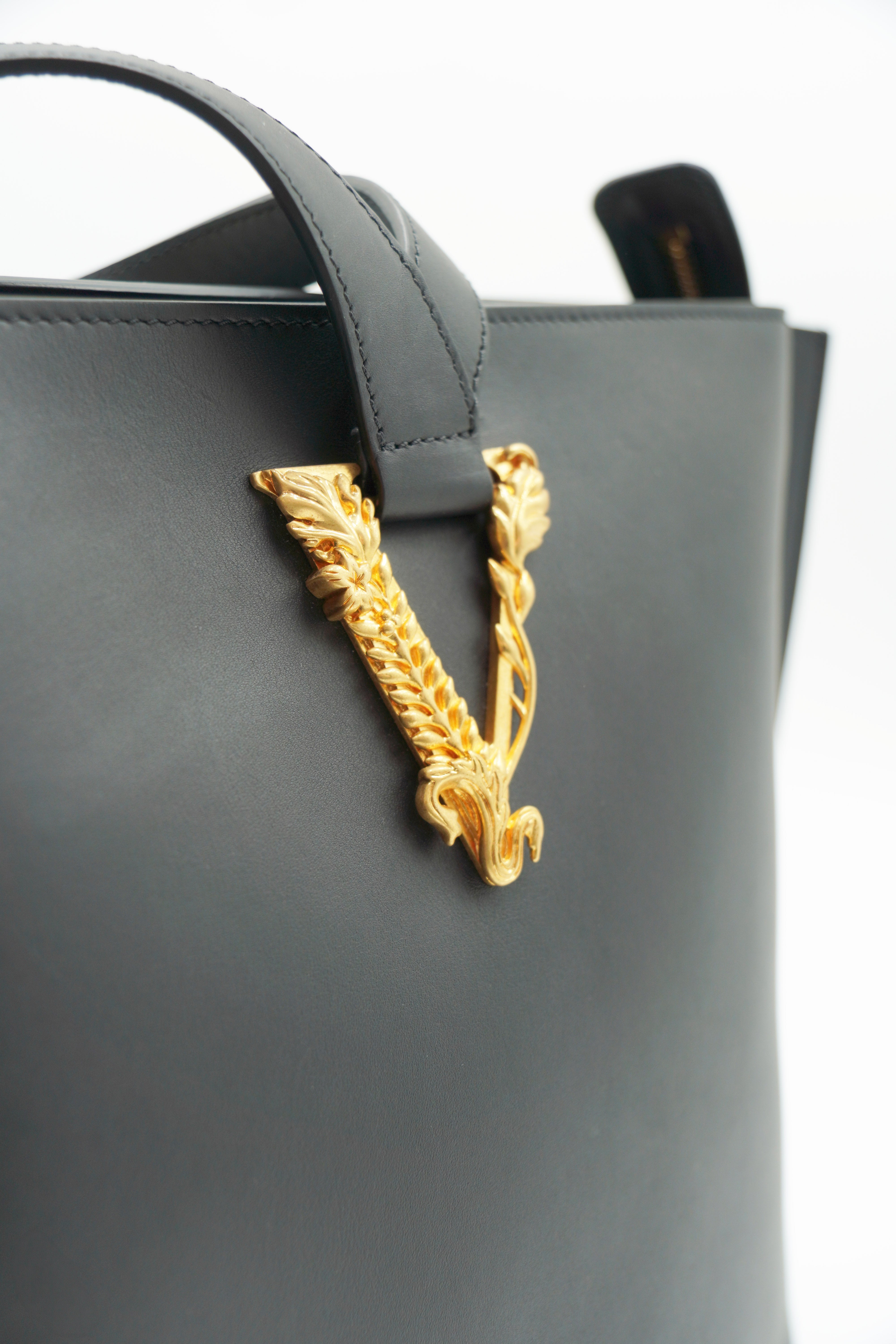 Versace Virtus Large Black Leather Shopper Bucket Bag