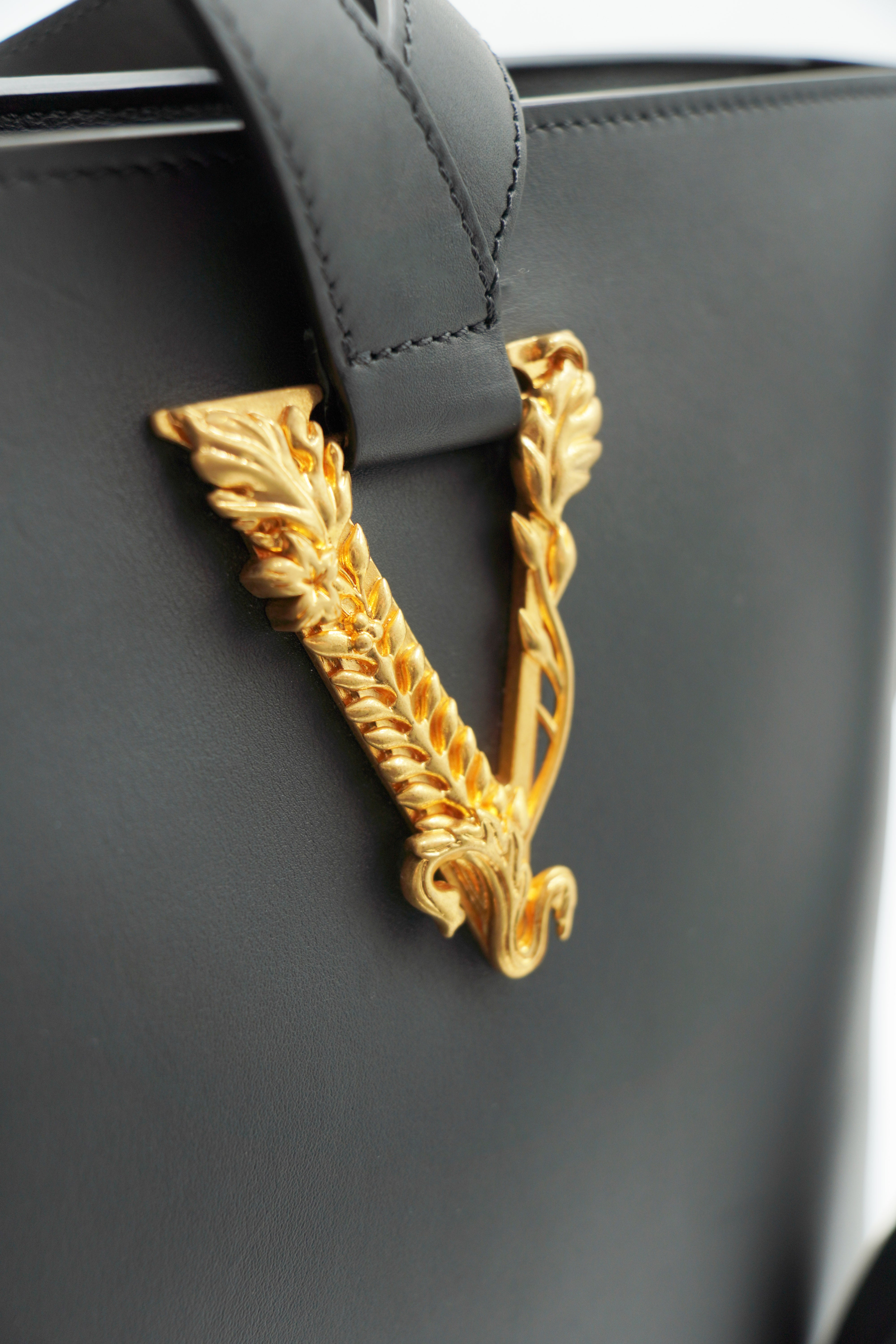 Versace Virtus Large Black Leather Shopper Bucket Bag