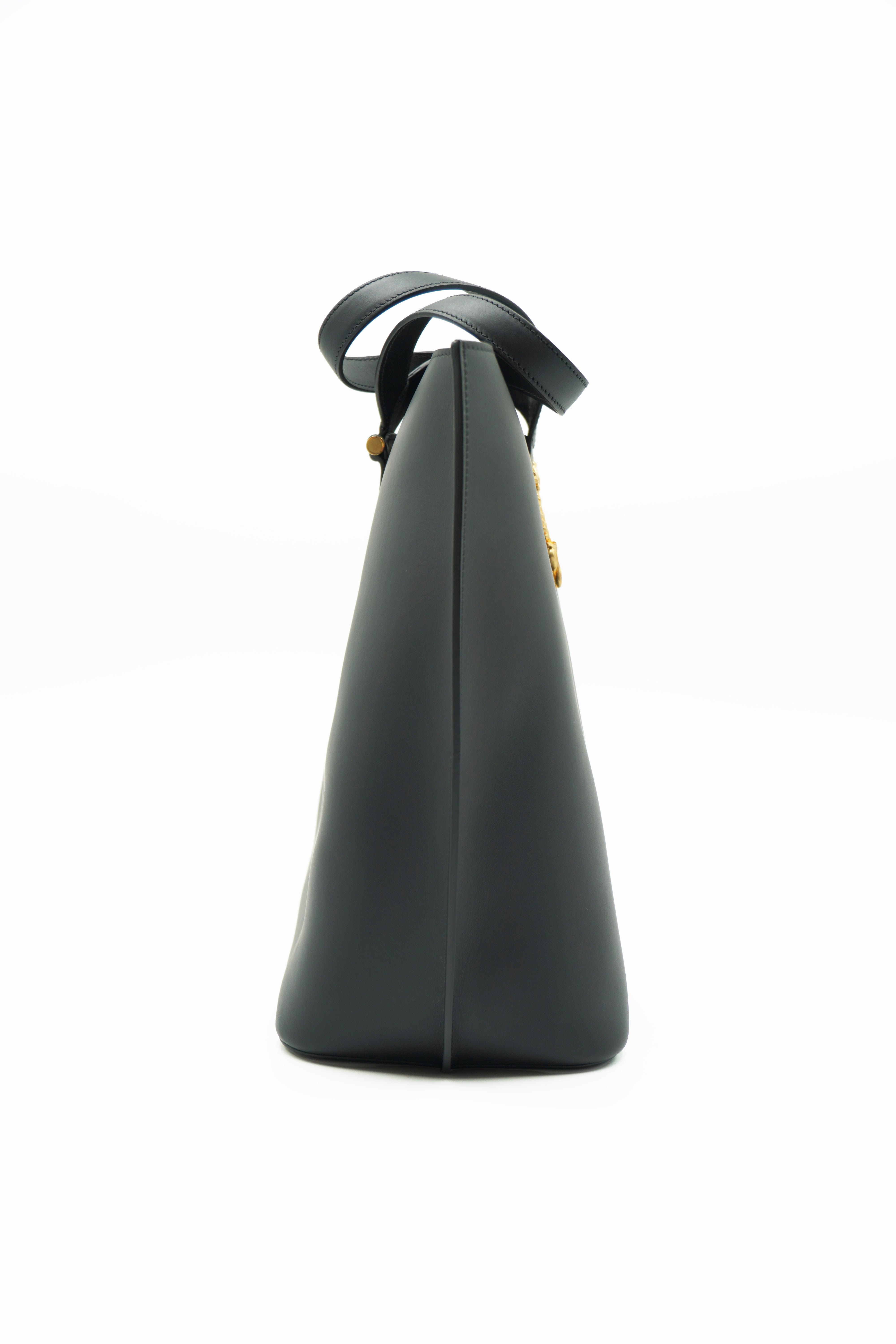 Versace Virtus Large Black Leather Shopper Bucket Bag