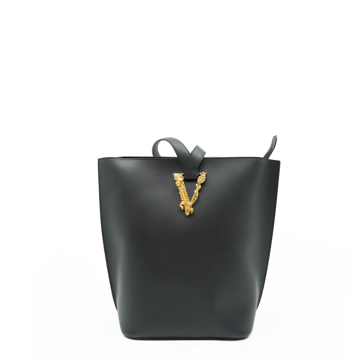 Versace Virtus Large Bucket Shopper Black Leather - Authentic Pre