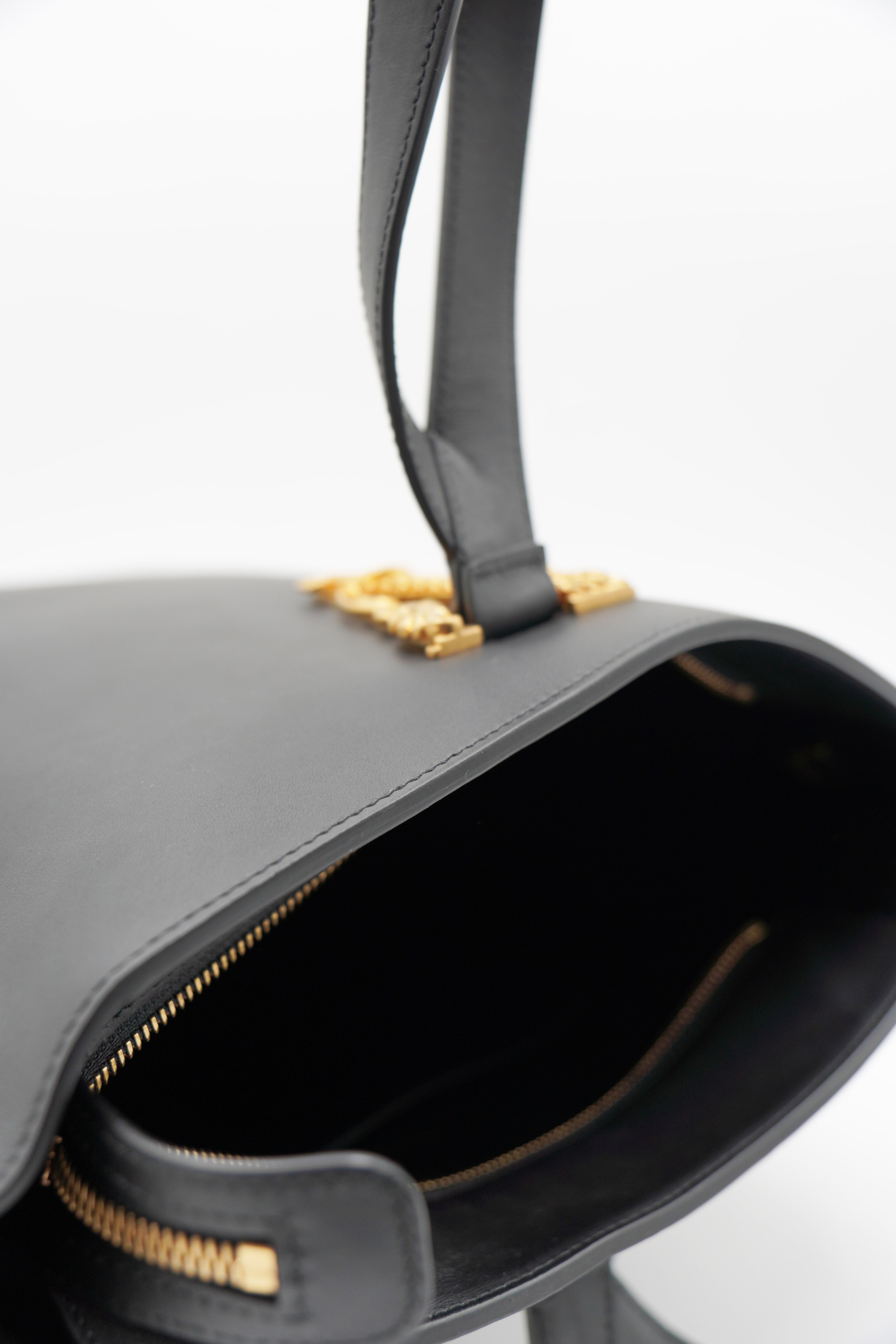 Versace Virtus Large Black Leather Shopper Bucket Bag