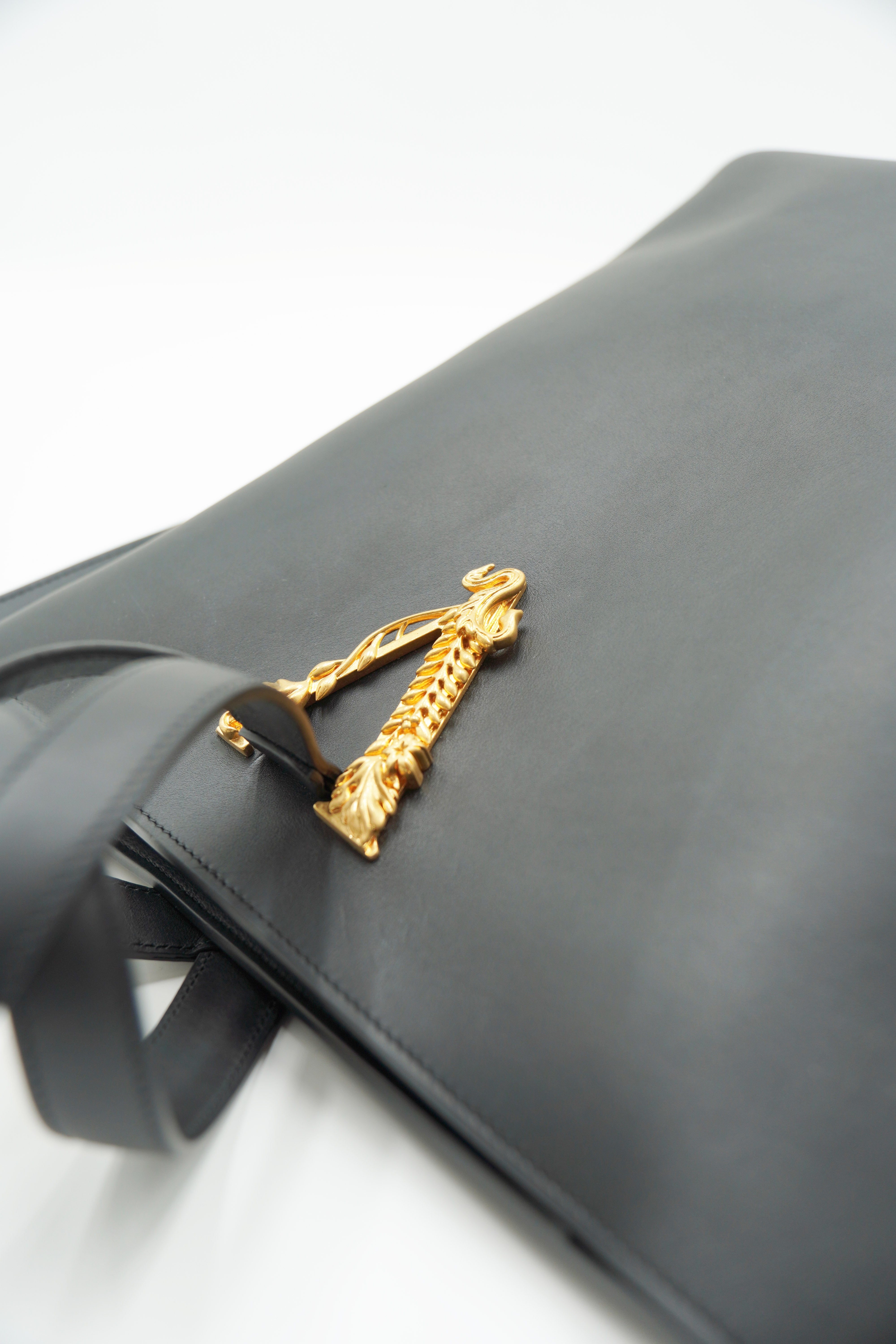 Versace Virtus Large Black Leather Shopper Bucket Bag