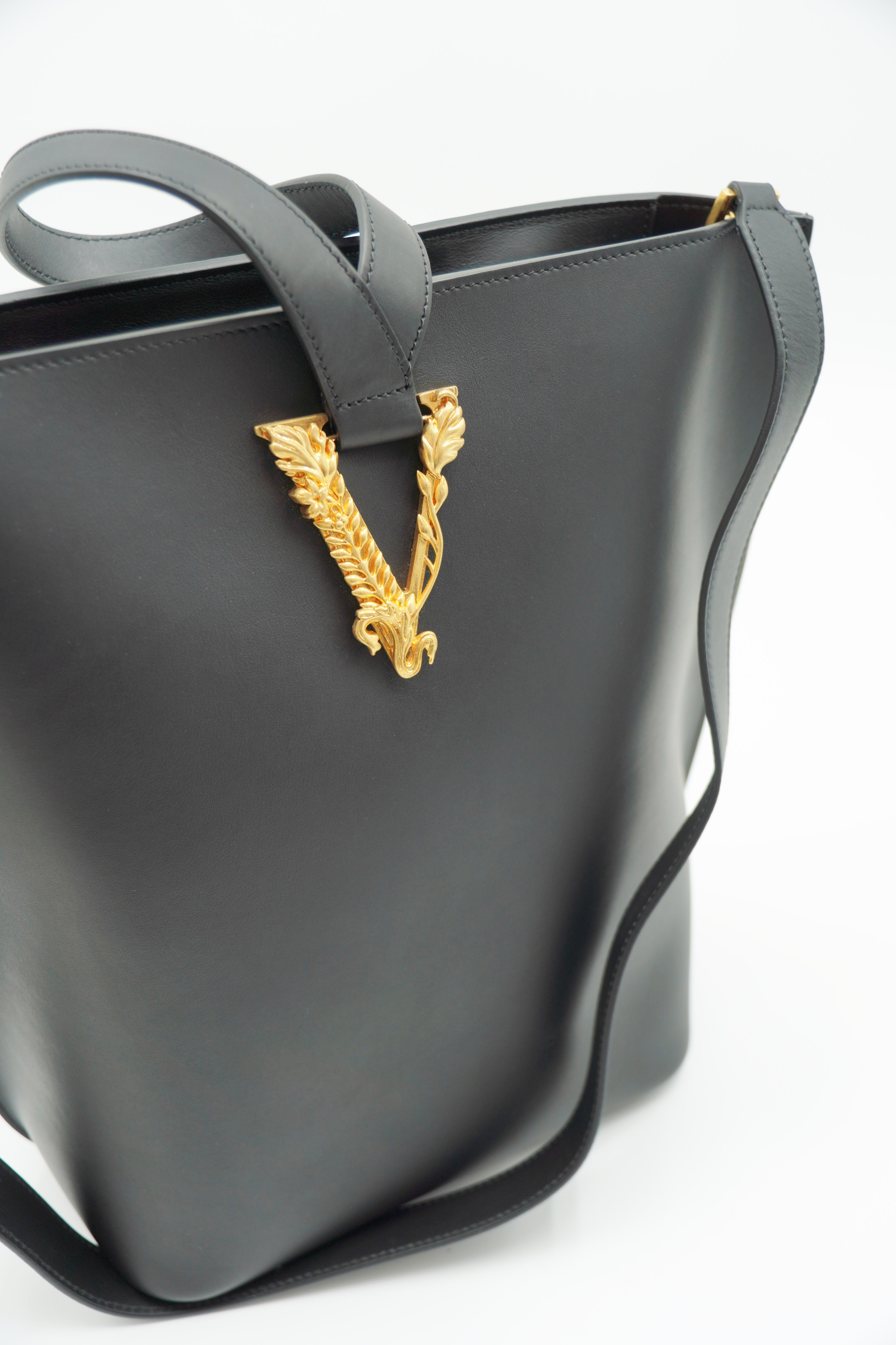 Versace Virtus Large Black Leather Shopper Bucket Bag