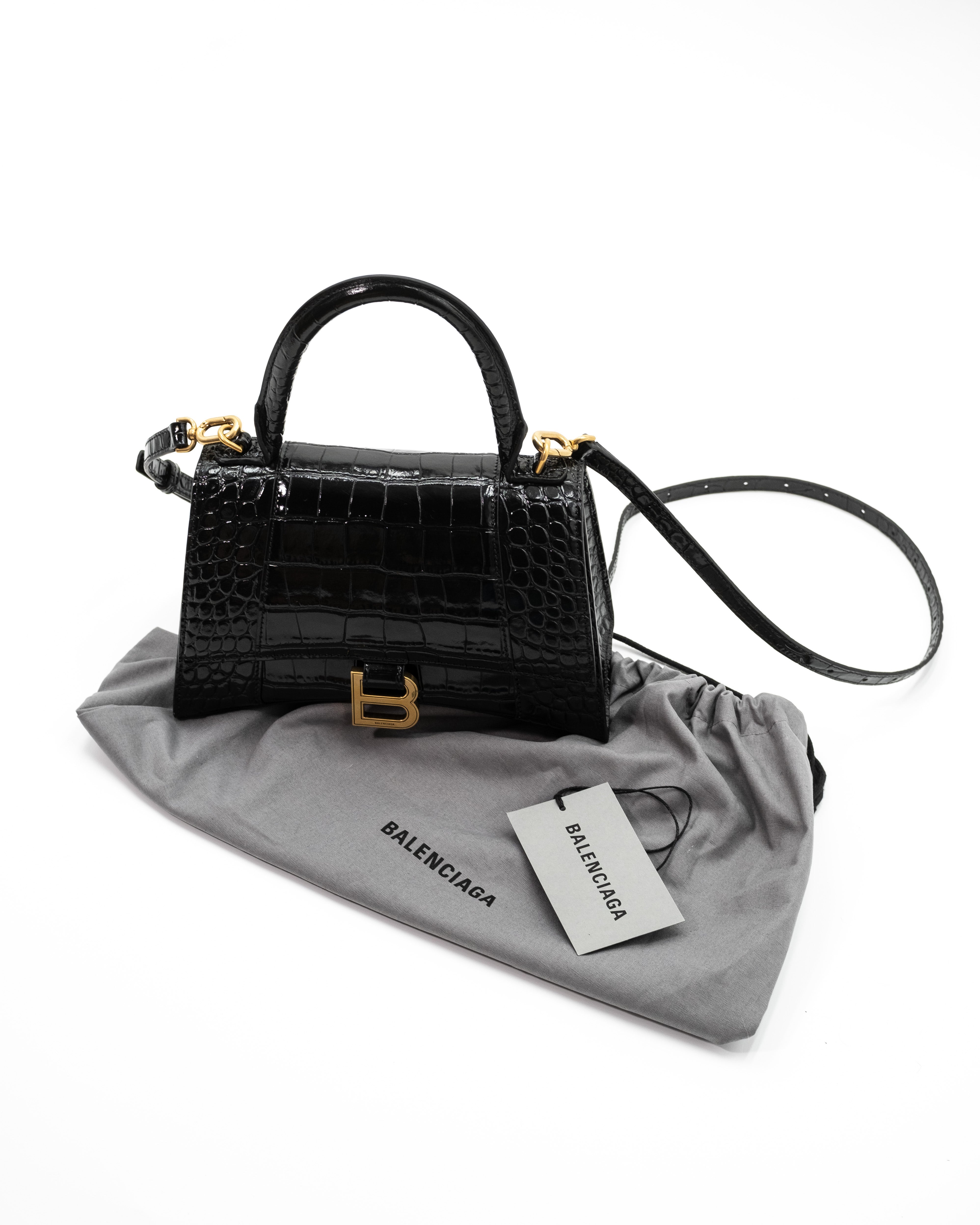 Balenciaga Borsa Hourglass XS Pelle Effetto Coccodrillo Nera — Pre-owned Autentica