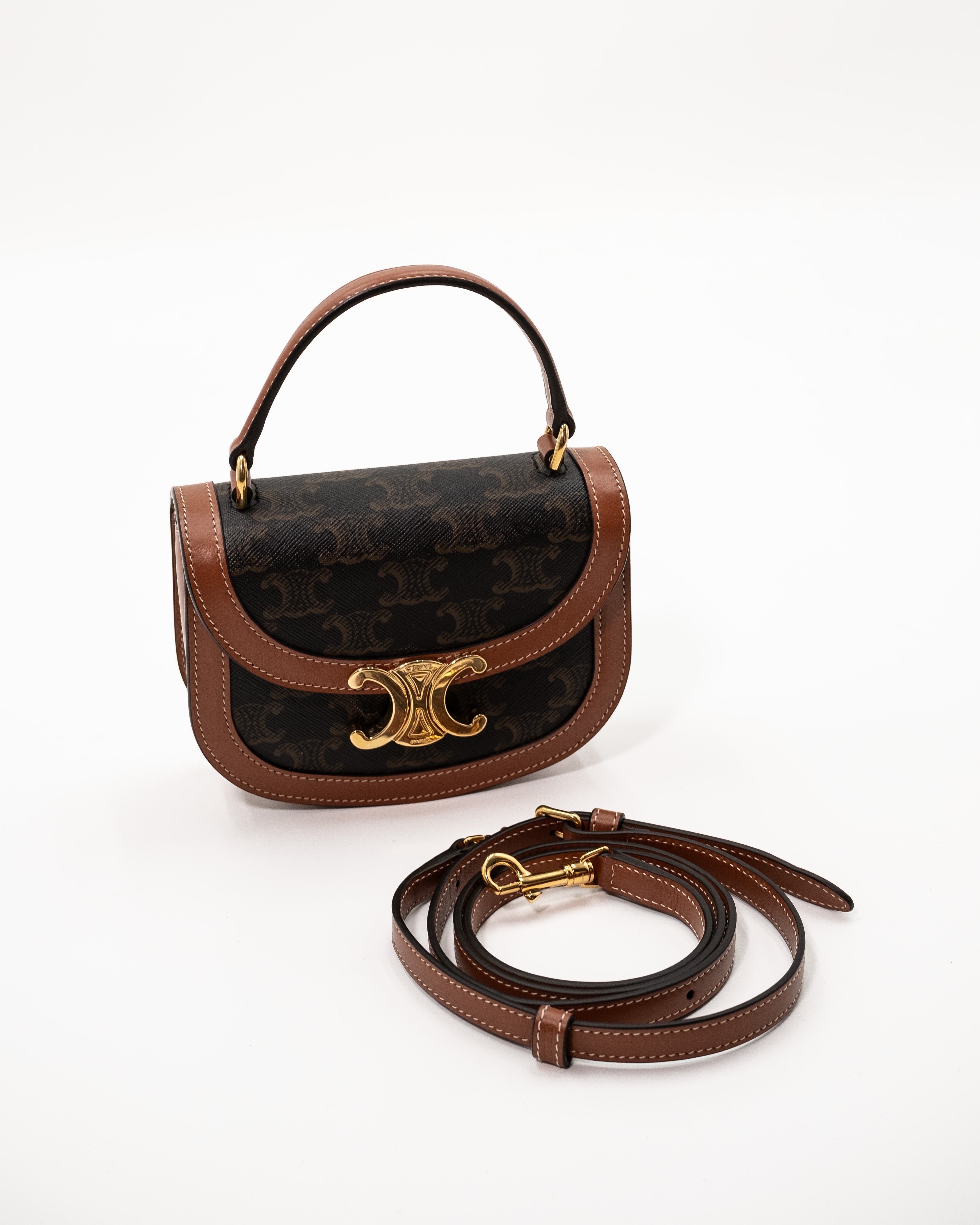 Celine Borsa Besace Clea Mini Tela Triomphe Marrone luxury resale autentica - Aurea Luxury Lab