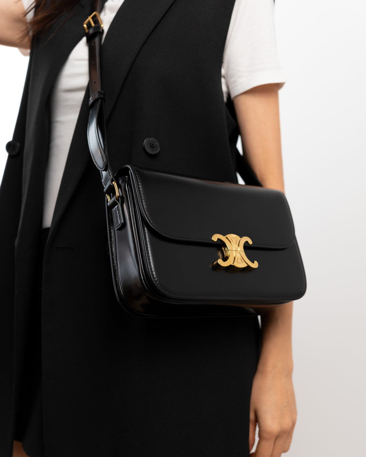 Celine Borsa Triomphe Classique Pelle di Vitello Lucida Nera — Pre-owned Autentica
