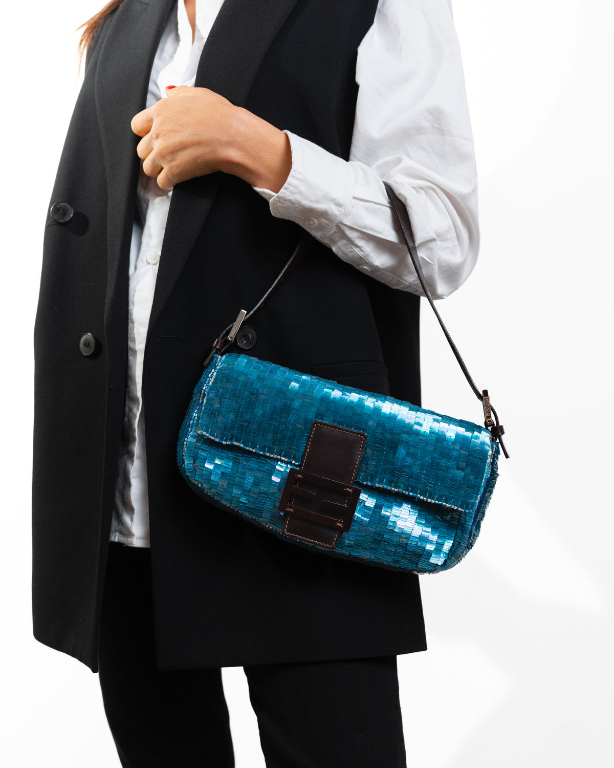 Fendi Borsa Baguette Paillettes Iridescenti Blu — Pre-owned Autentica