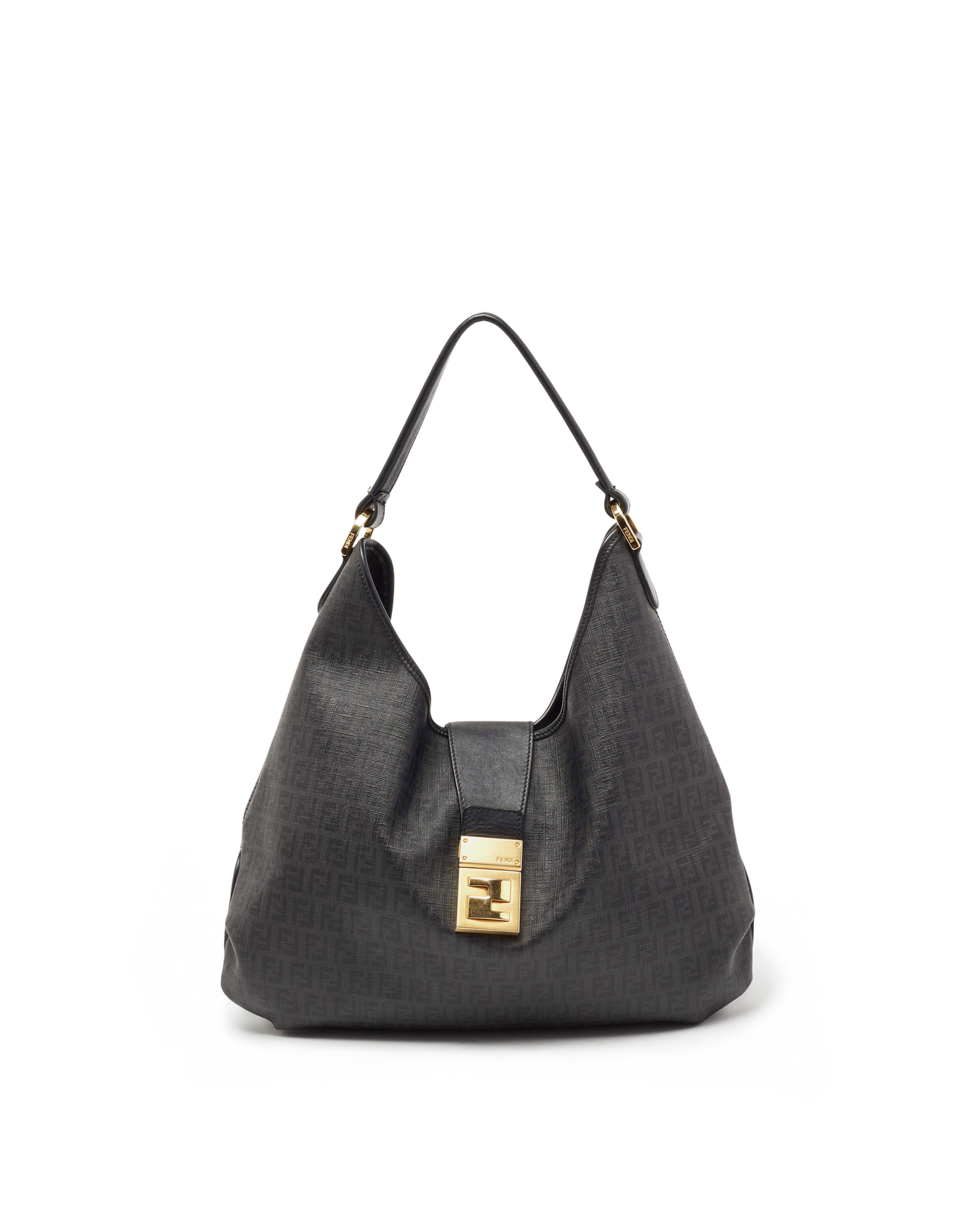 Fendi Zucchino Canvas FF and Black Leather Hobo Bag - Authentic Used