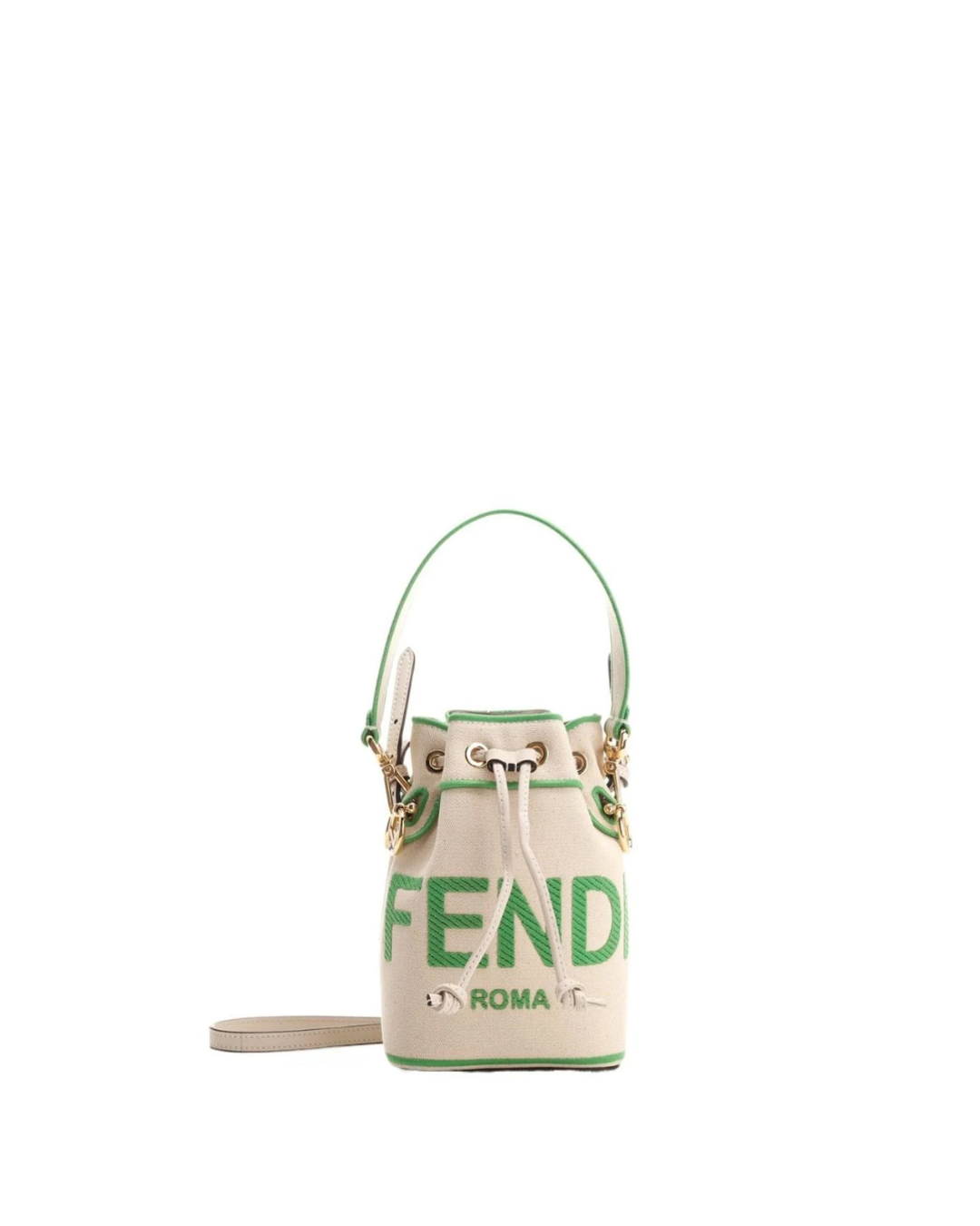 Fendi Borsa Secchiello Mon Tresor Mini Canvas Bianco Logo Verde usata autentica - Aurea Luxury Lab