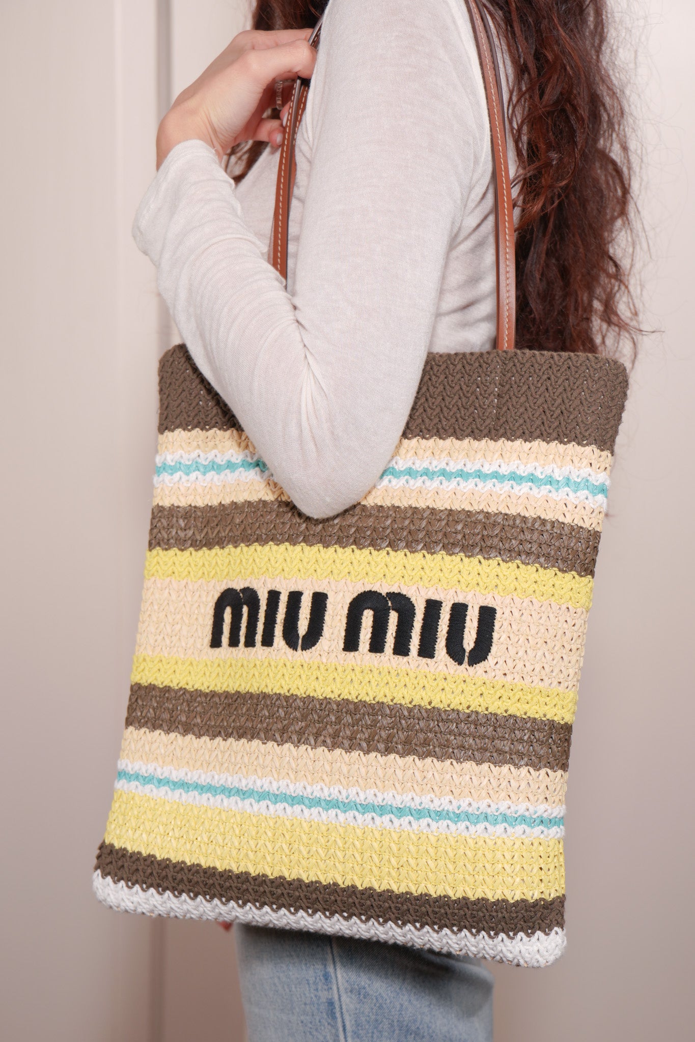 Miu Miu Raffia Effect Striped Tote Bag - Used Authentic