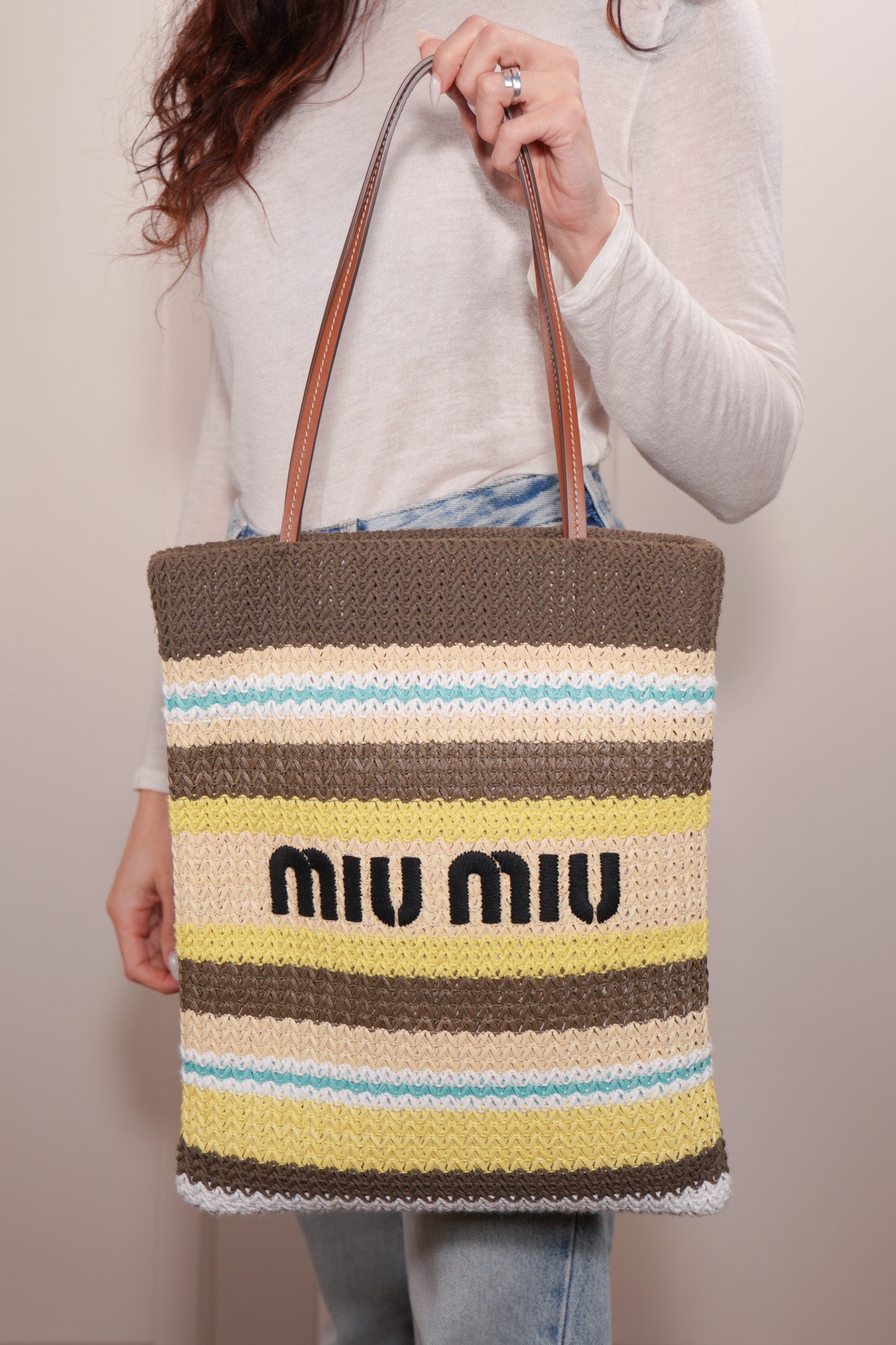 Miu Miu Rafia Effect Striped Tote Bag Certified Used