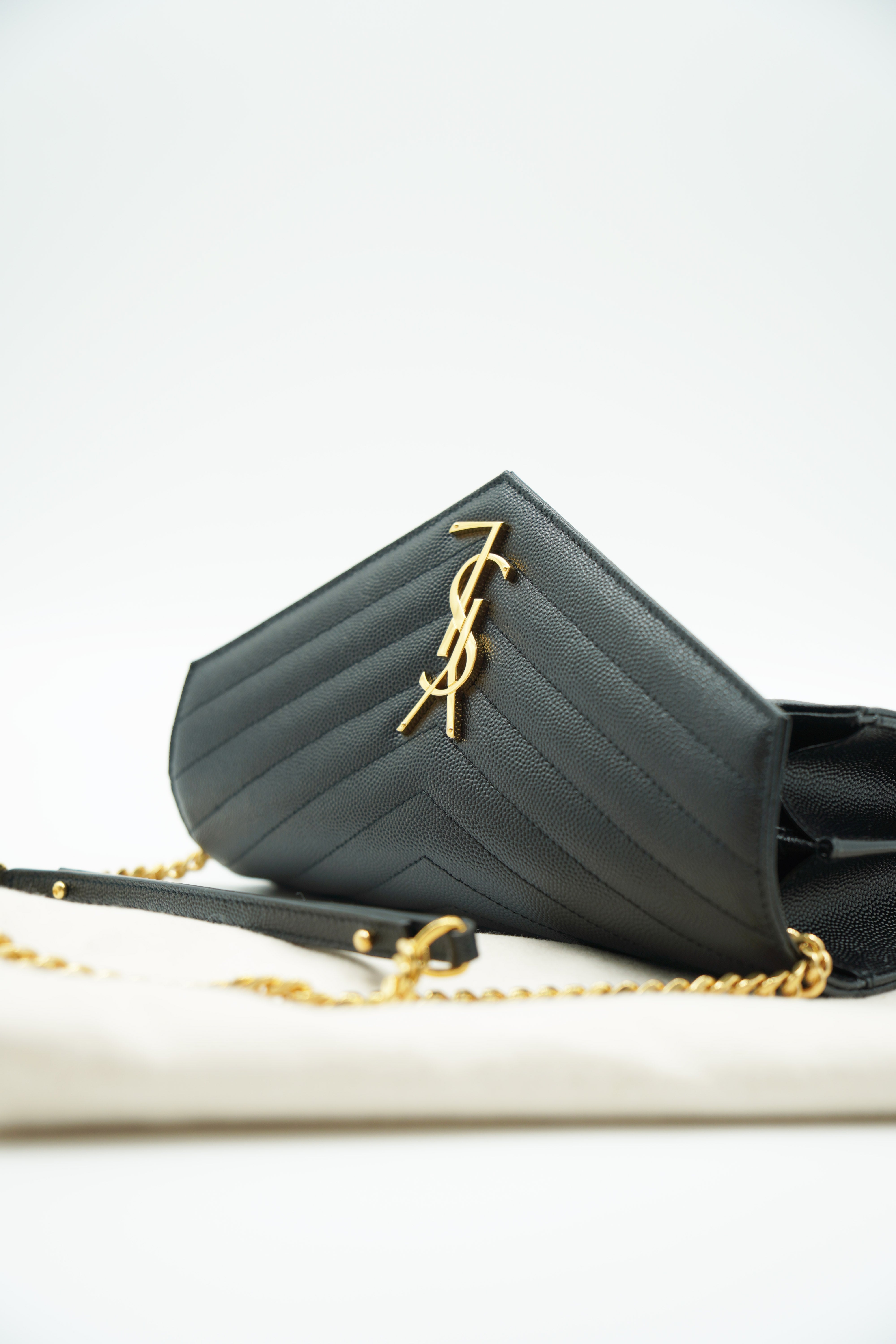 Saint Laurent Leather Clutch Bag with Black Leather Chain