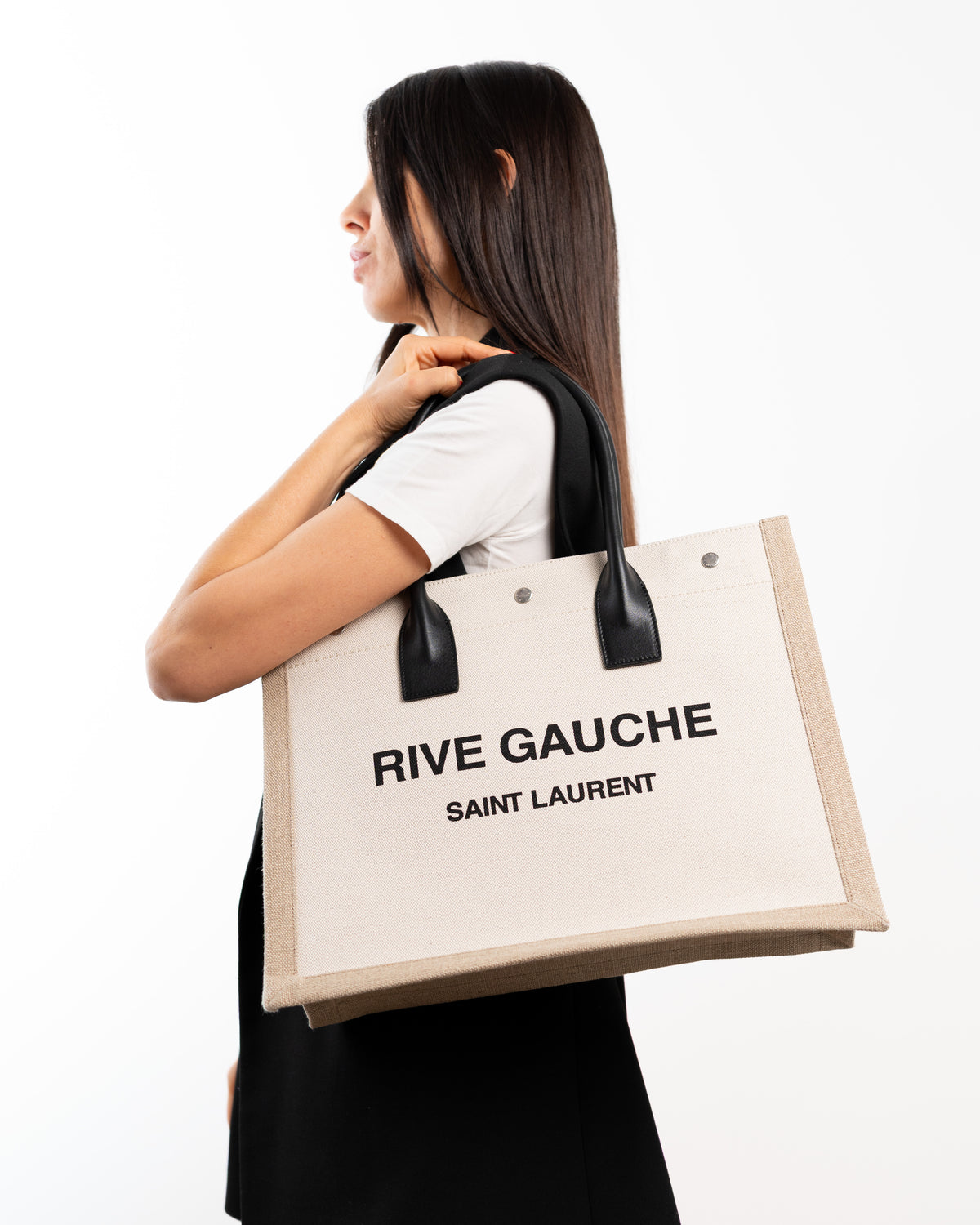 Saint Laurent Borsa Tote Rive Gauche Tela Écru e Pelle Nera pre-owned certificata - Aurea Luxury Lab