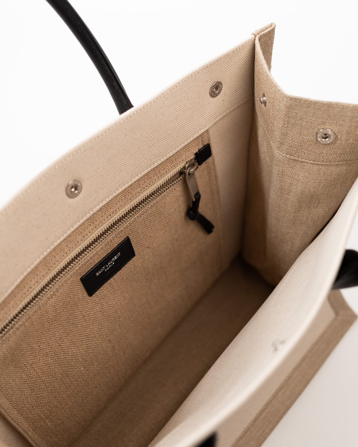 Saint Laurent Borsa Tote Rive Gauche Tela Écru e Pelle Nera second hand luxury - Aurea Luxury Lab