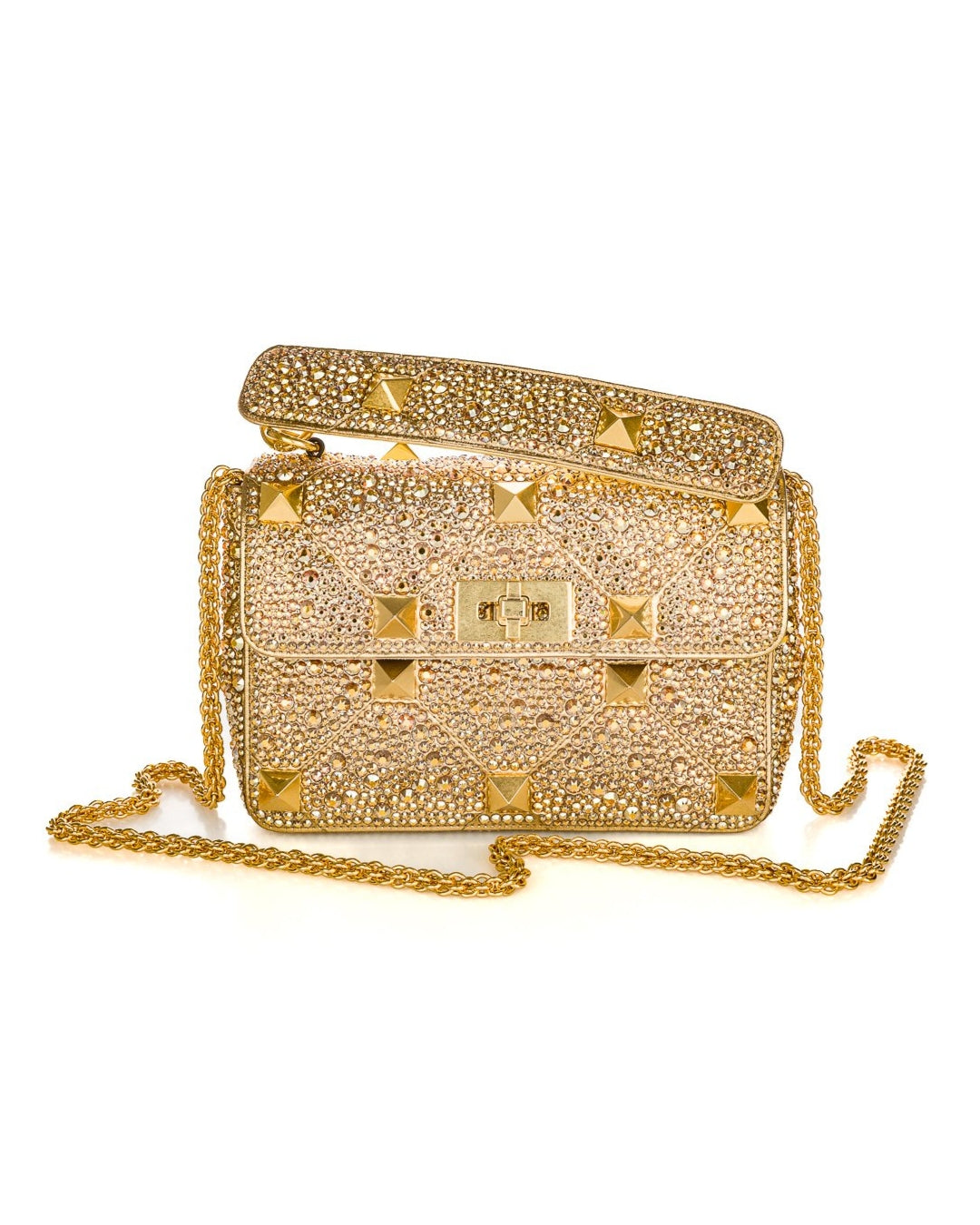 Valentino Garavani Borsa Roman Stud Media Cristalli Oro luxury resale autentica - Aurea Luxury Lab