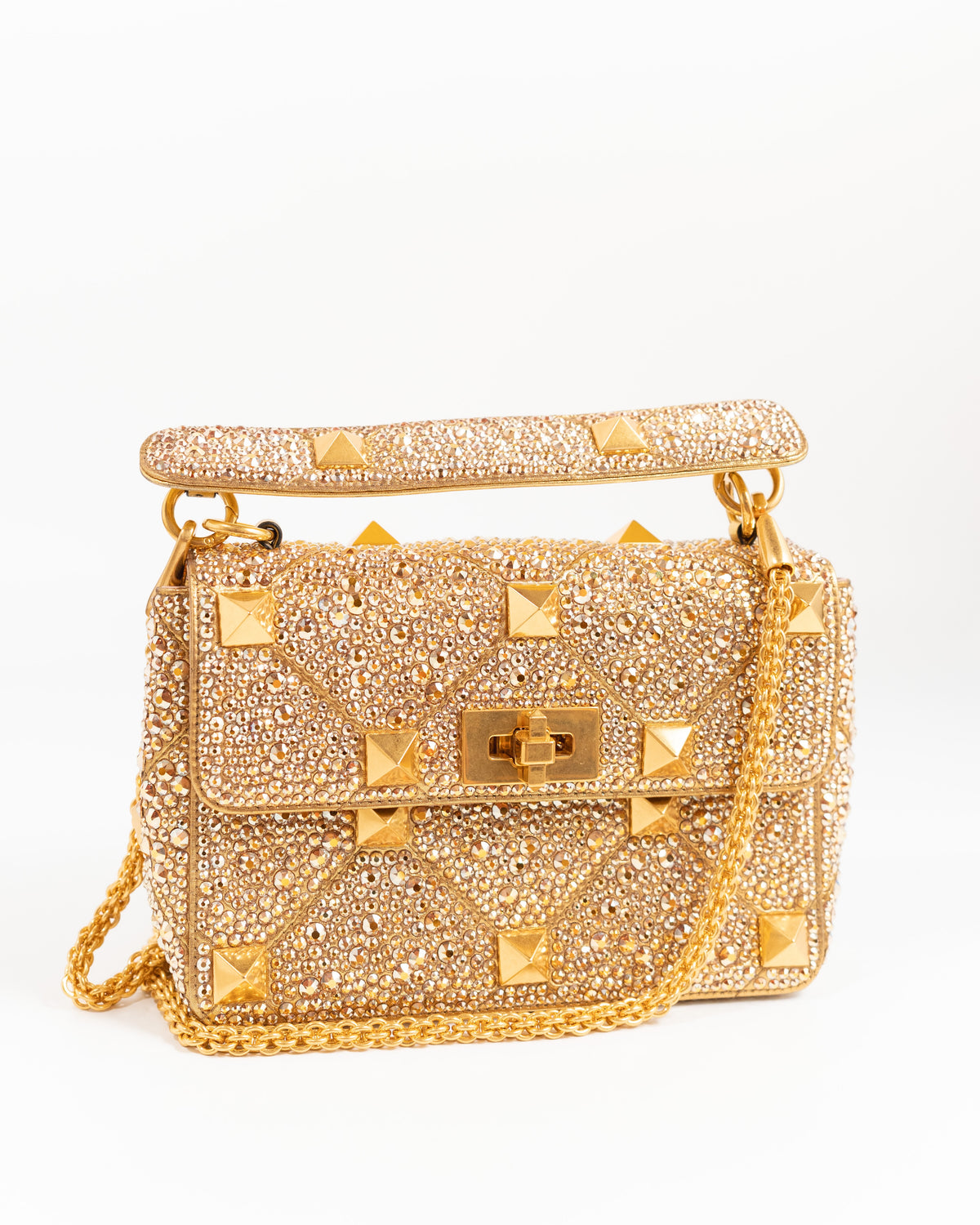 Valentino Garavani Borsa Roman Stud Crystal Oro usata autentica certificata - Aurea Luxury Lab