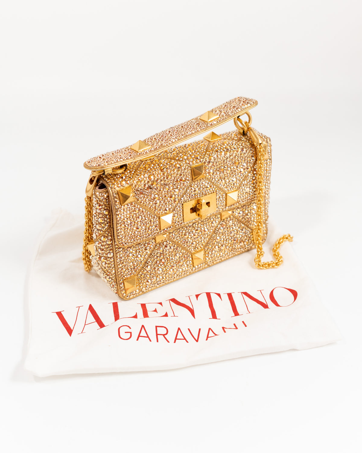 Valentino Garavani Borsa Roman Stud Crystal Oro luxury resale autentica - Aurea Luxury Lab